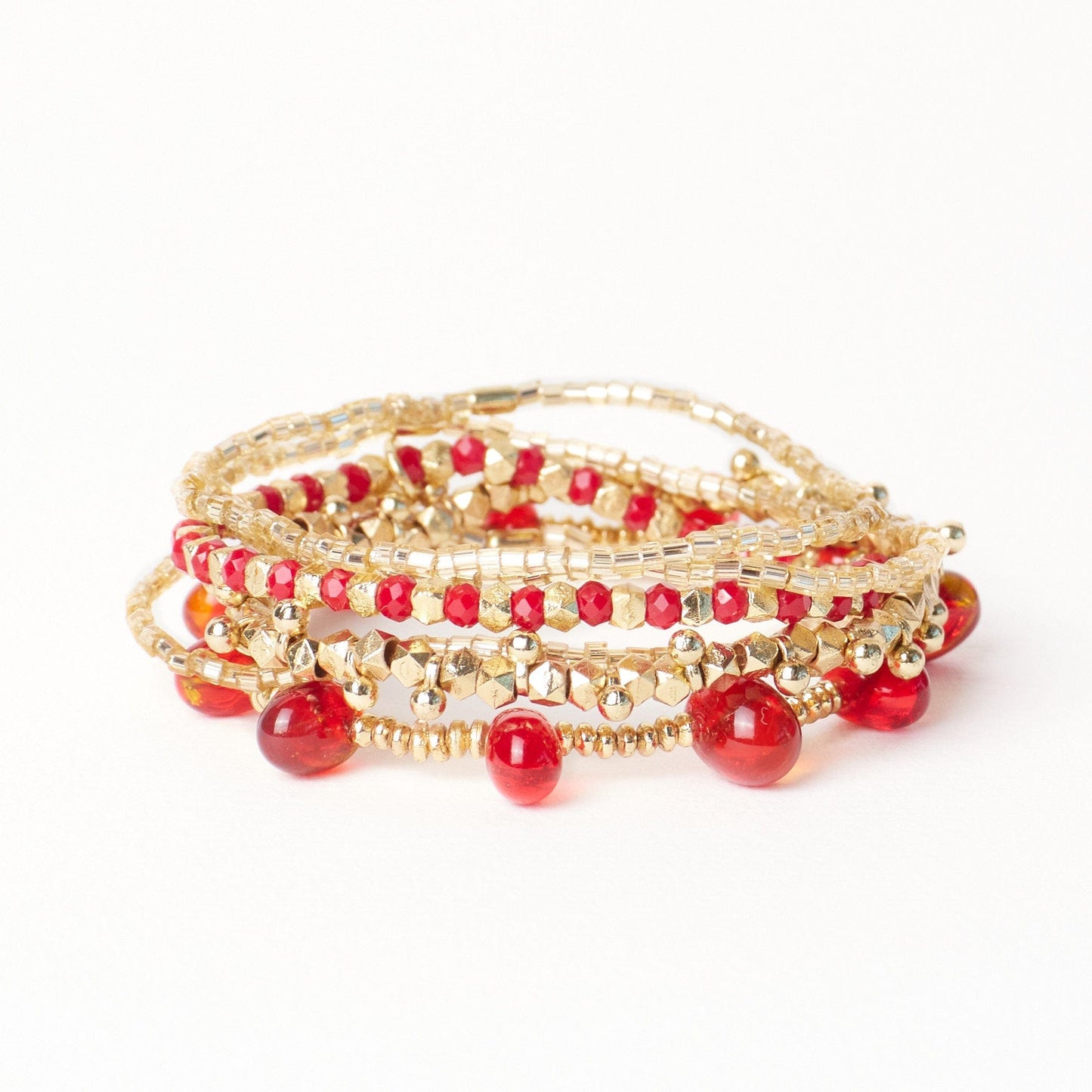 Ella Stack of 6 Stretch Bracelets Red + Gold Bracelet