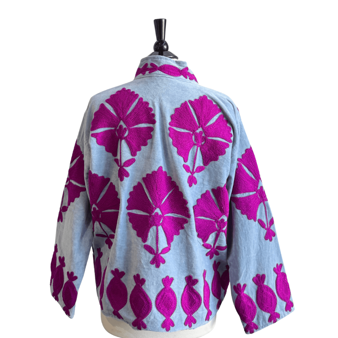Embroidered Velvet Jacket Light Blue + Fuchsia Jacket