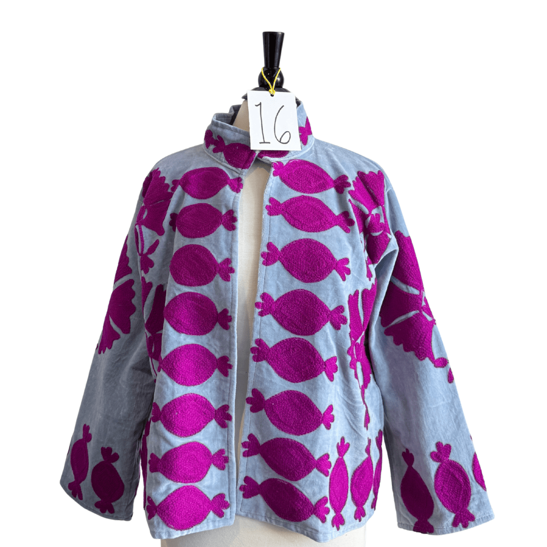 Embroidered Velvet Jacket Light Blue + Fuchsia Jacket