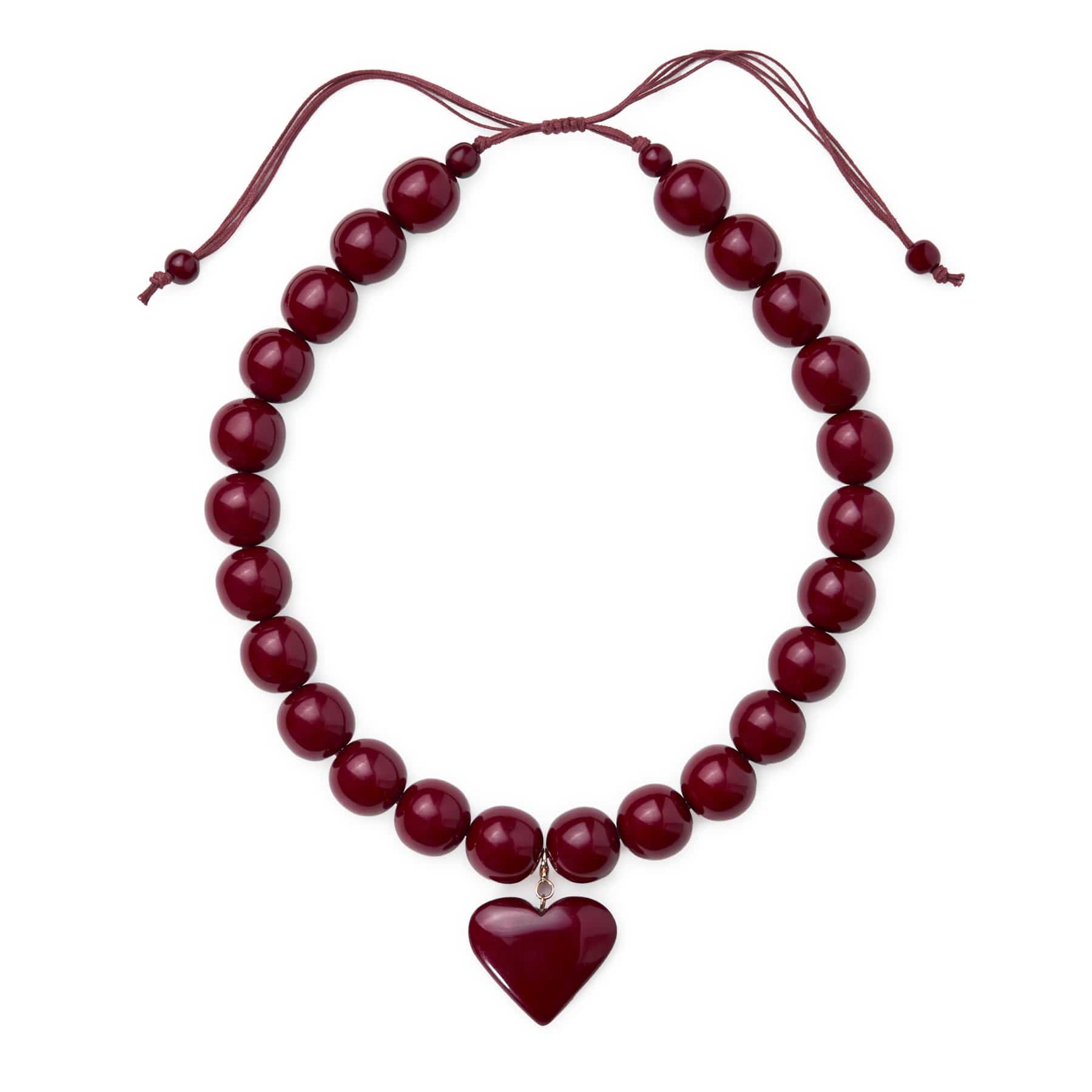 Emery Large Round Resin Bead With Heart Adjustable Necklace Burgundy Single Strand