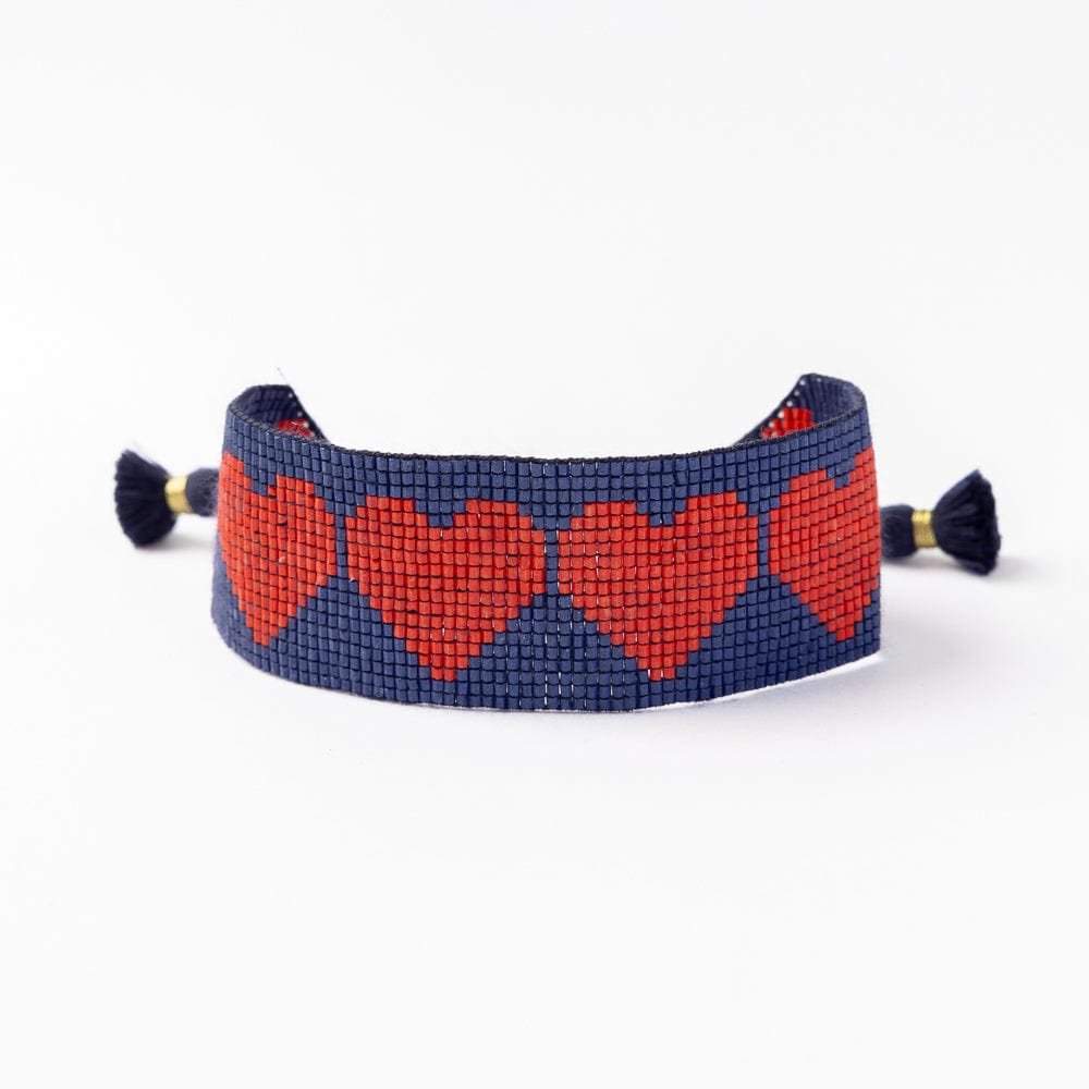 Erin Red Hearts Adustable Beaded Bracelet Navy Sliding Knot