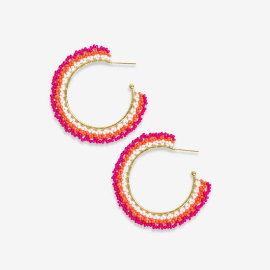 Eve Ombre Beaded Hoop Earrings Hot Pink/Coral