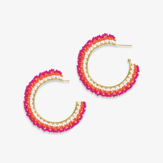 Eve Ombre Beaded Hoop Earrings Hot Pink/Coral