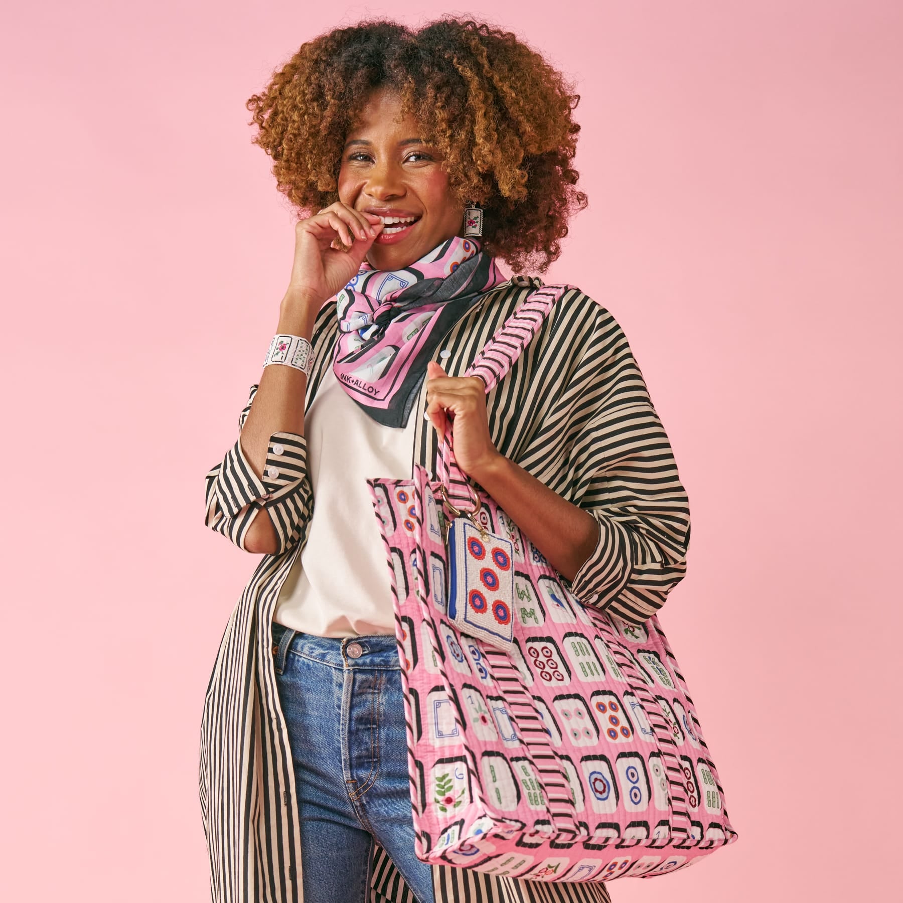 Evie Mahjong Reversible Quilted Tote Bag Pink Tote Bag