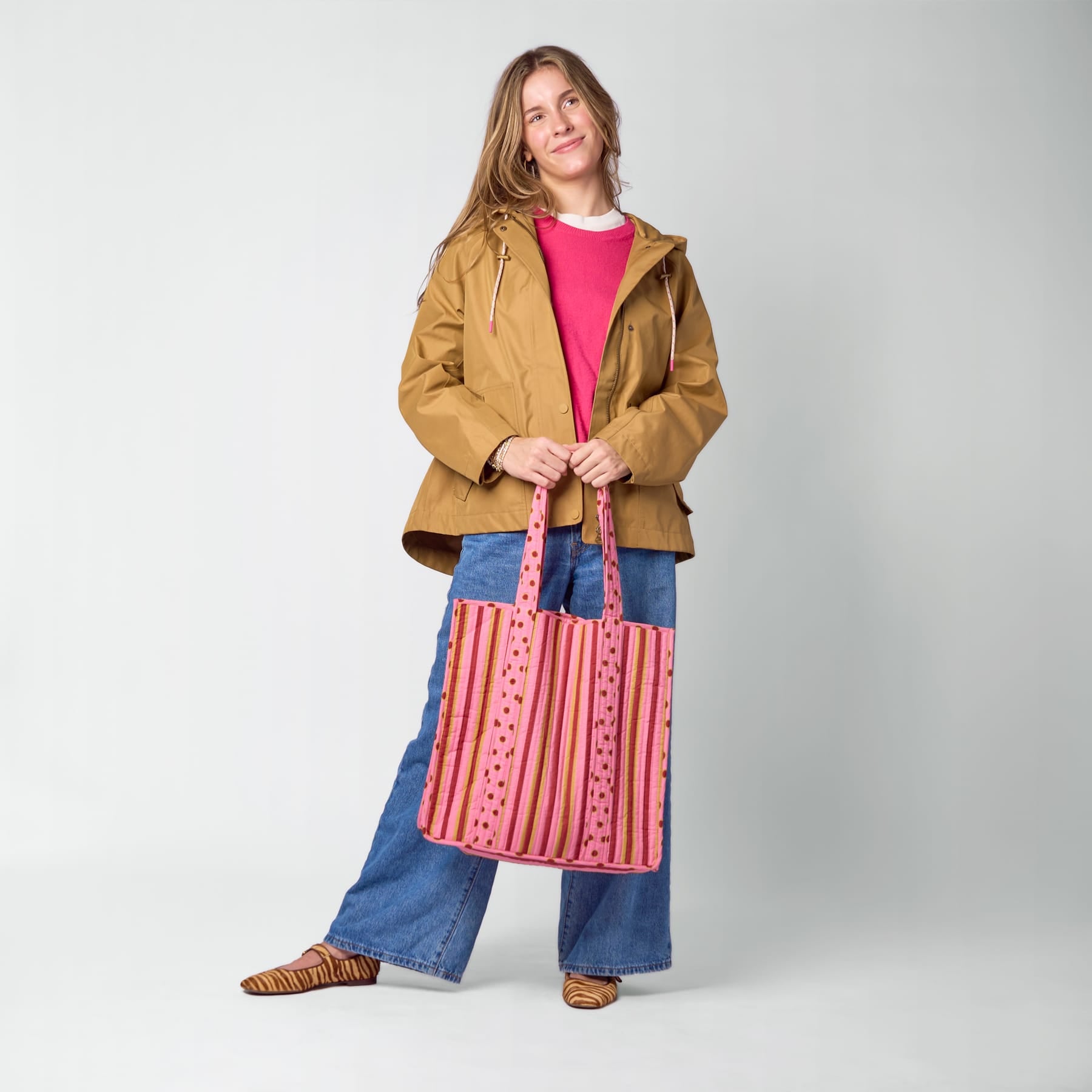 Evie Reversible Quilted Tote Bag Camel + Pink Tote Bag