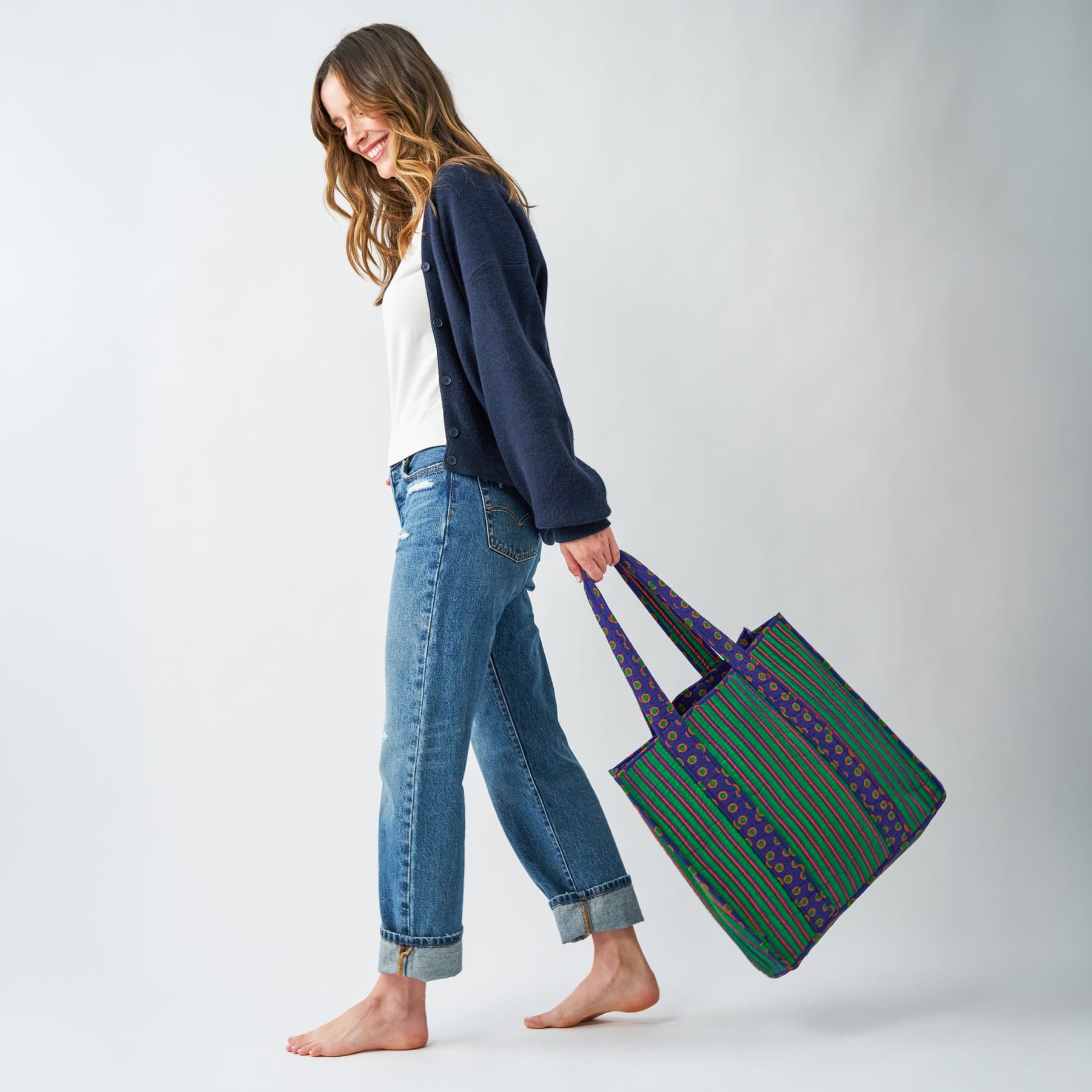 Evie Reversible Quilted Tote Bag Navy + Green Tote Bag