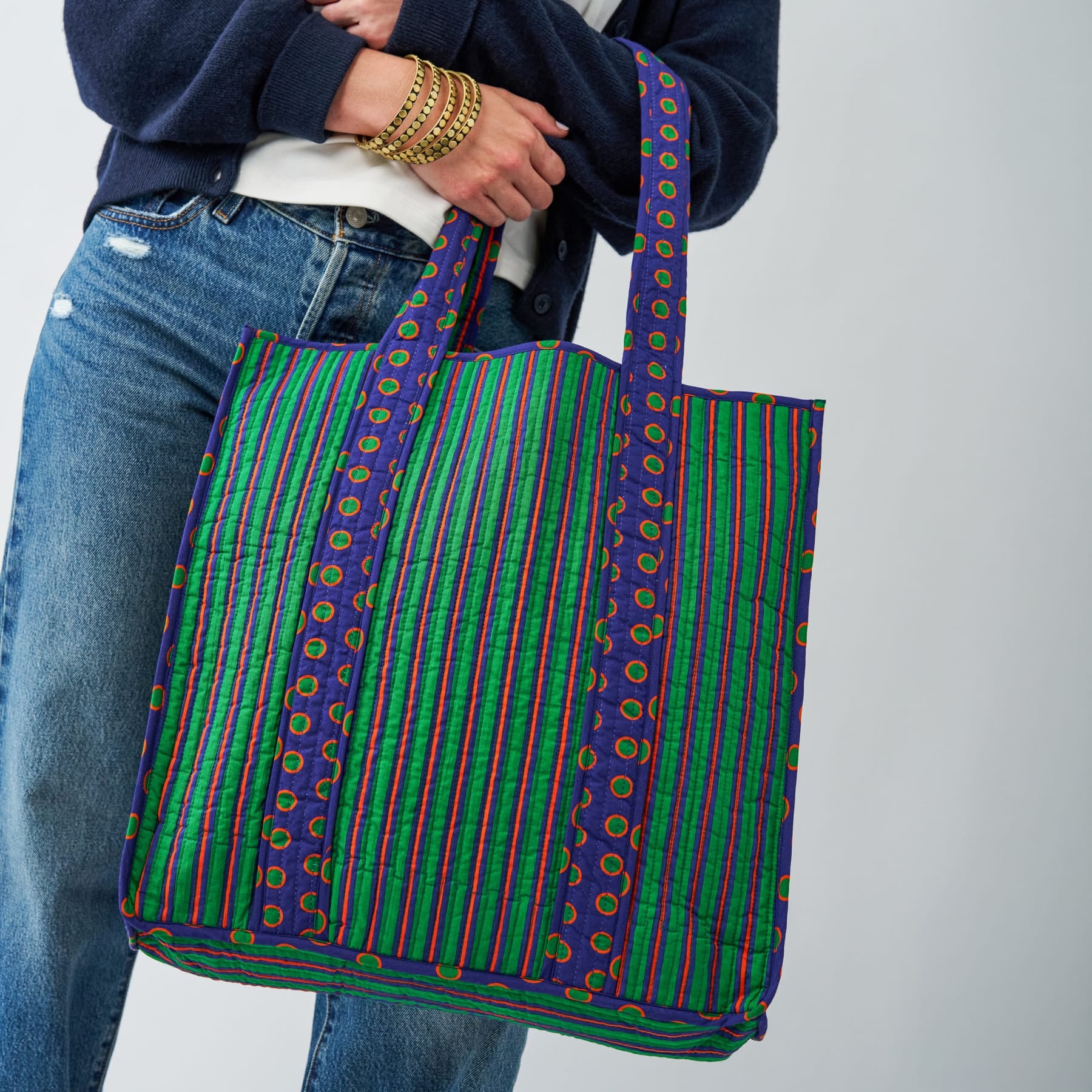 Evie Reversible Quilted Tote Bag Navy + Green Tote Bag