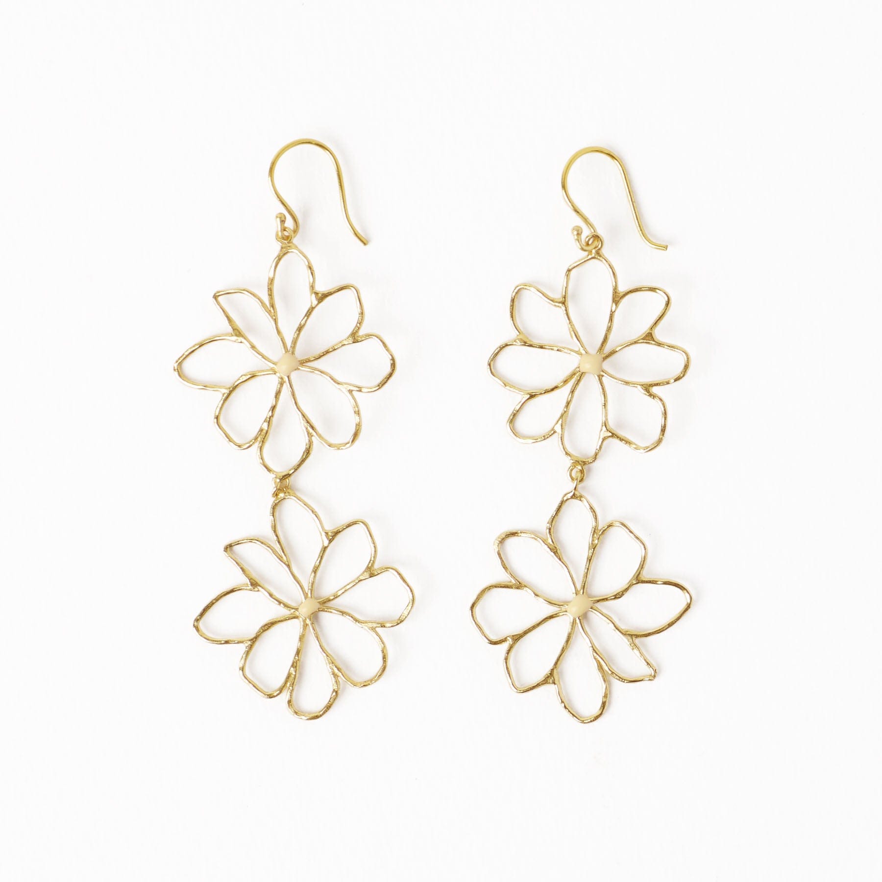 Farrah Double Flower Drop Earrings Brass With Ivory Enamel Centers Drop