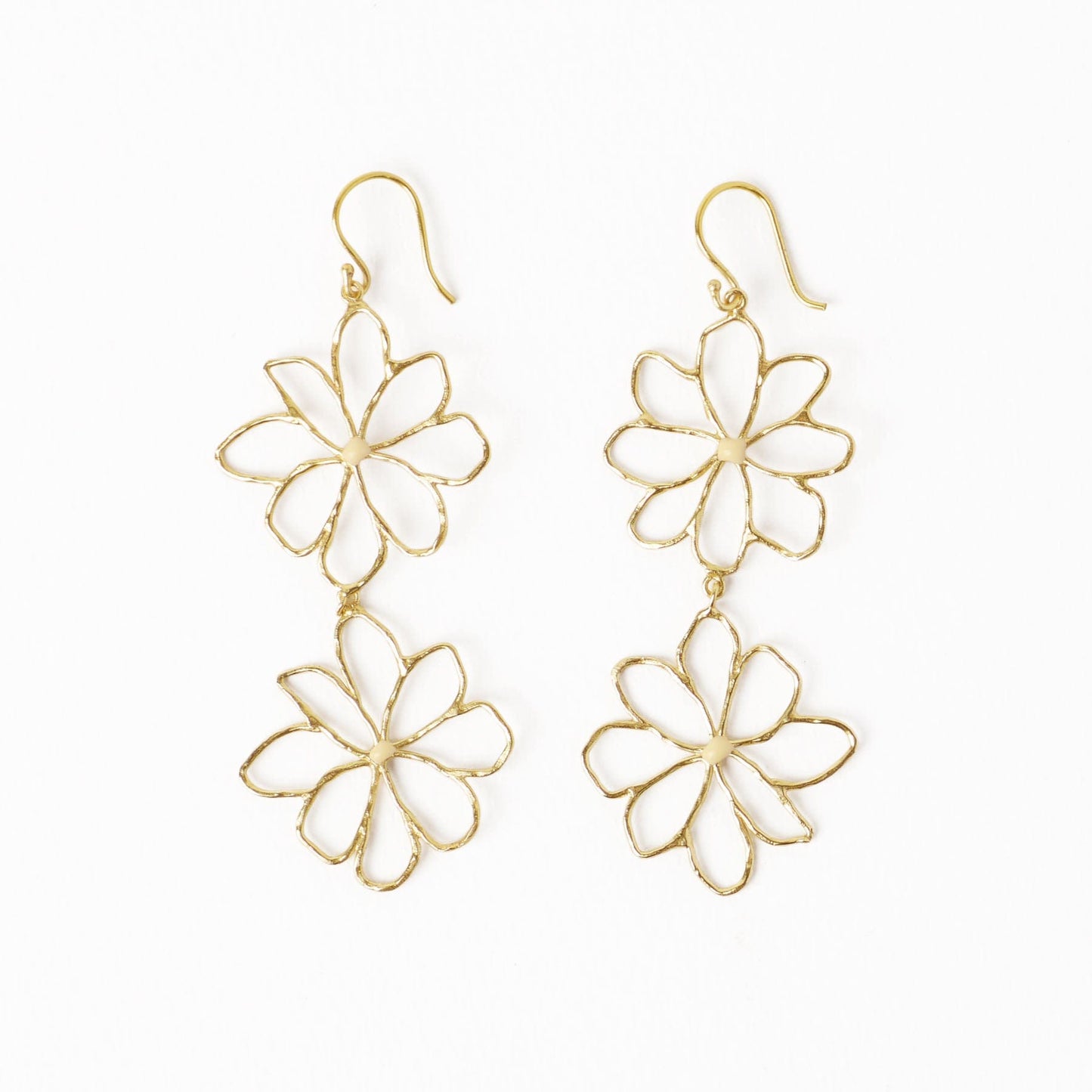 Farrah Double Flower Drop Earrings Brass With Ivory Enamel Centers Drop