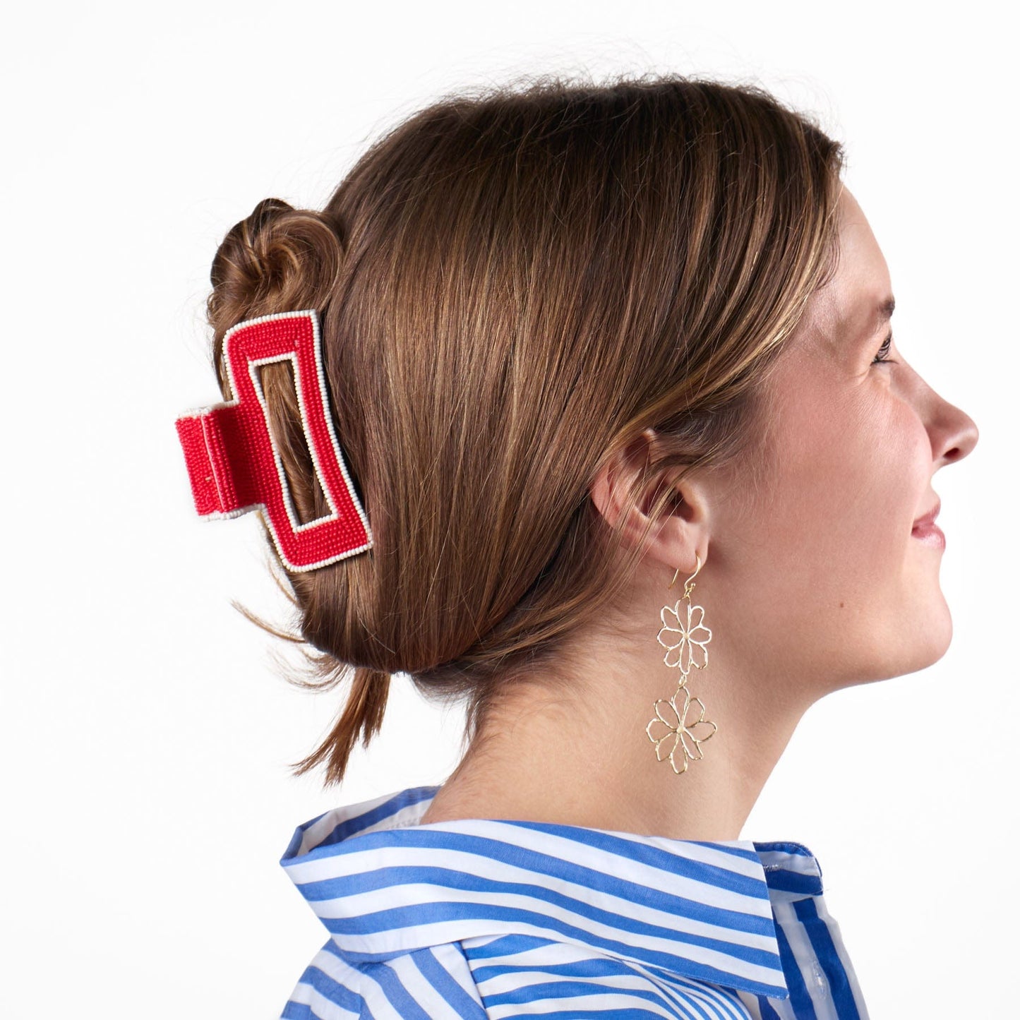 Farrah Double Flower Drop Earrings Brass With Ivory Enamel Centers Drop