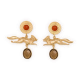 Felicity Fox Pendant, Carnelian, + Smoky Quartz Stone Earrings Brass Dangle