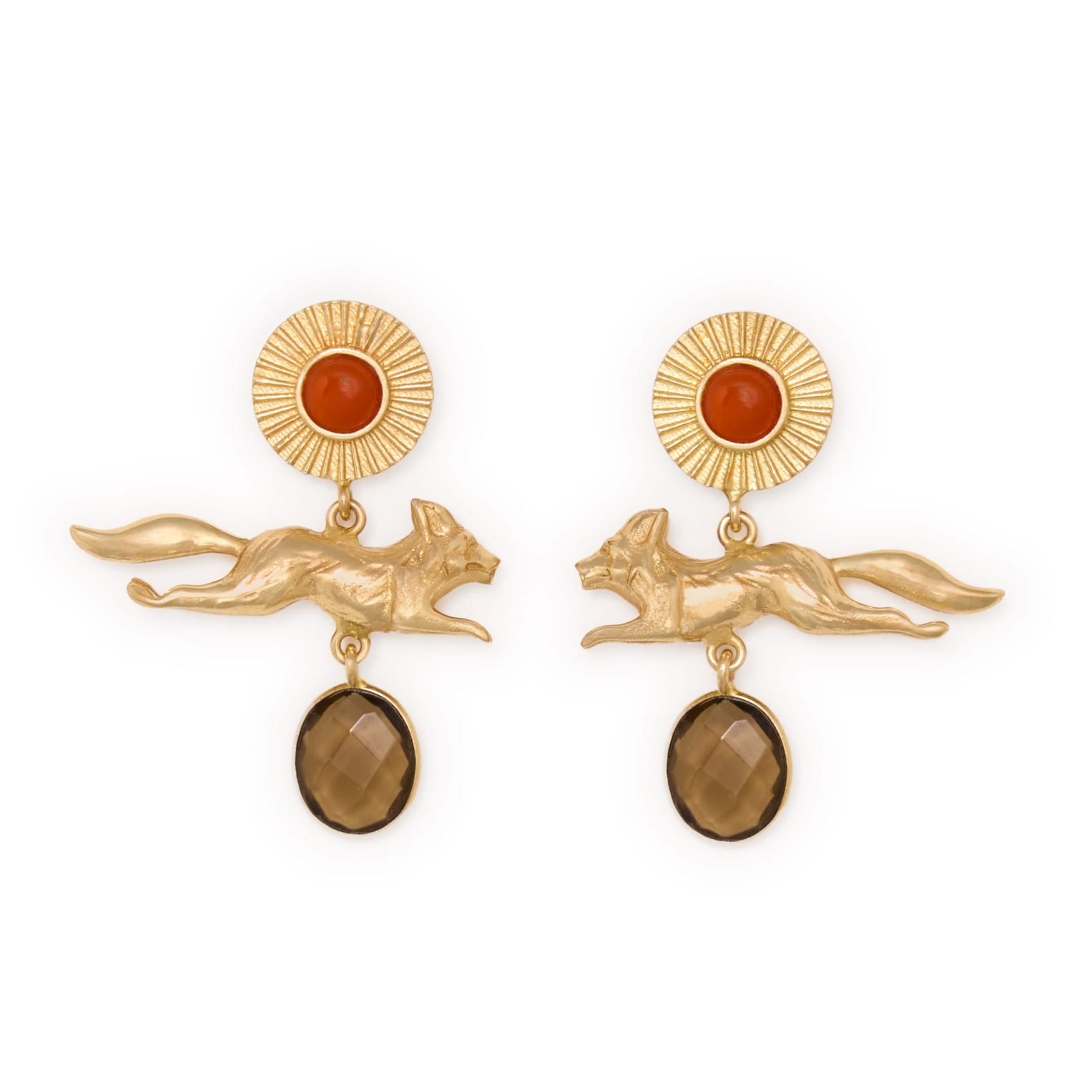 Felicity Fox Pendant, Carnelian, + Smoky Quartz Stone Earrings Brass Dangle