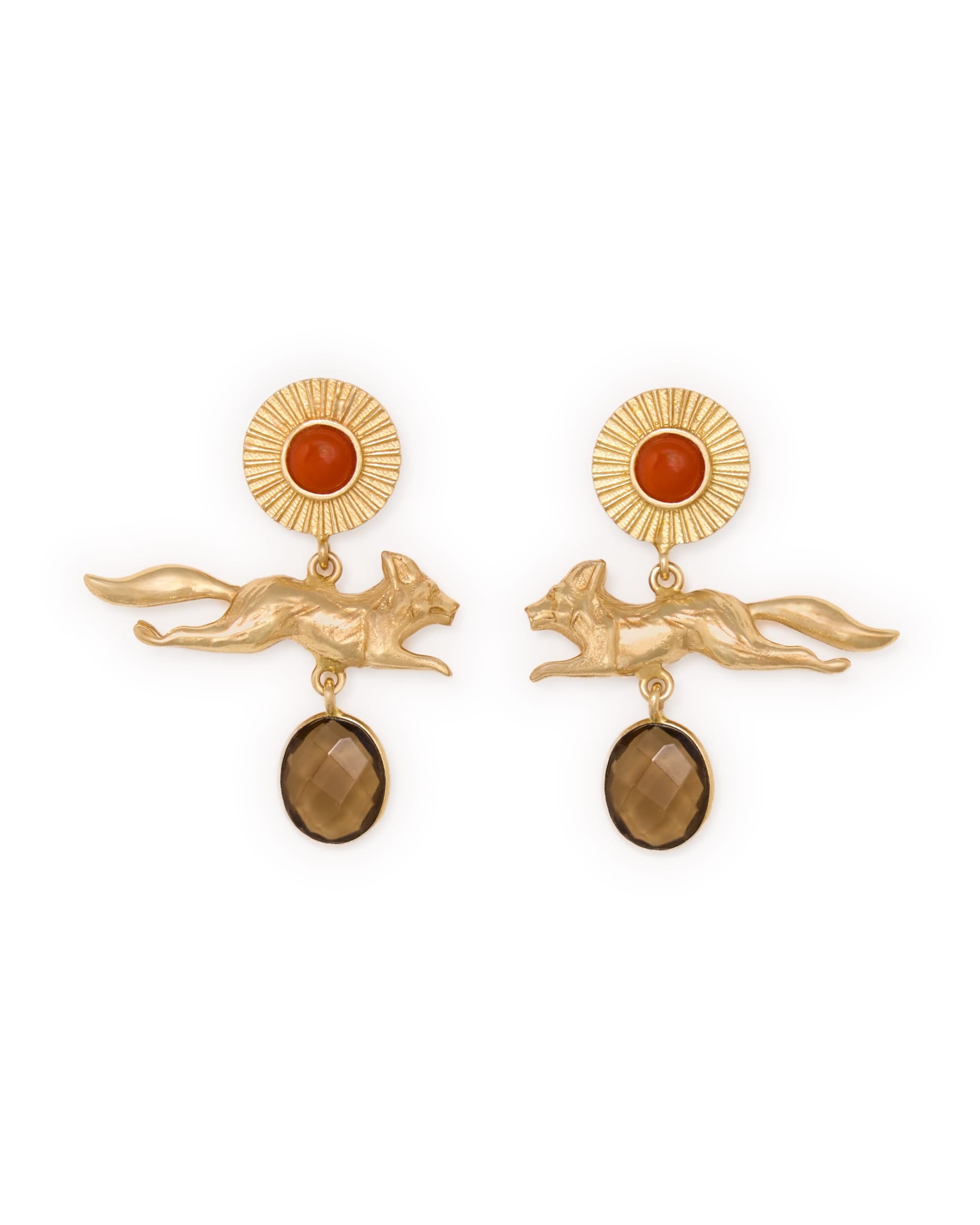 Felicity Fox Pendant, Carnelian, + Smoky Quartz Stone Earrings Brass Dangle