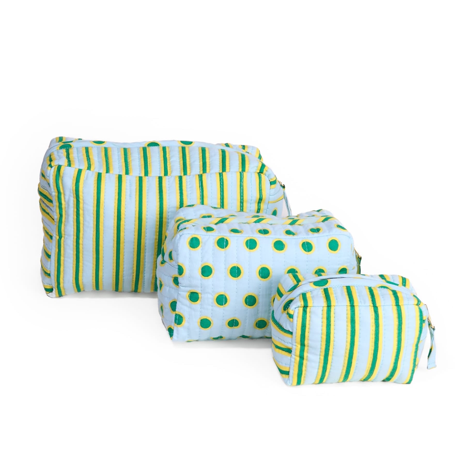 Frenchie 3 Piece Cosmetic Bag Set Light Blue + Citron Cosmetic Bag