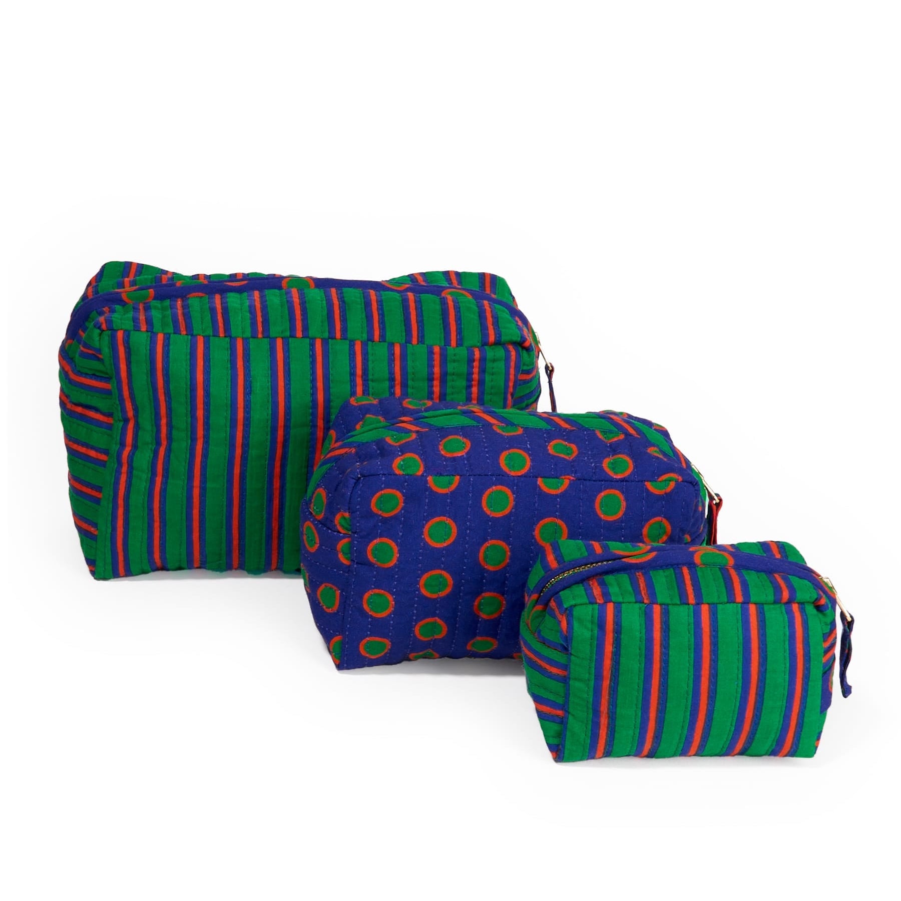Frenchie 3 Piece Cosmetic Bag Set Navy + Green Cosmetic Bag