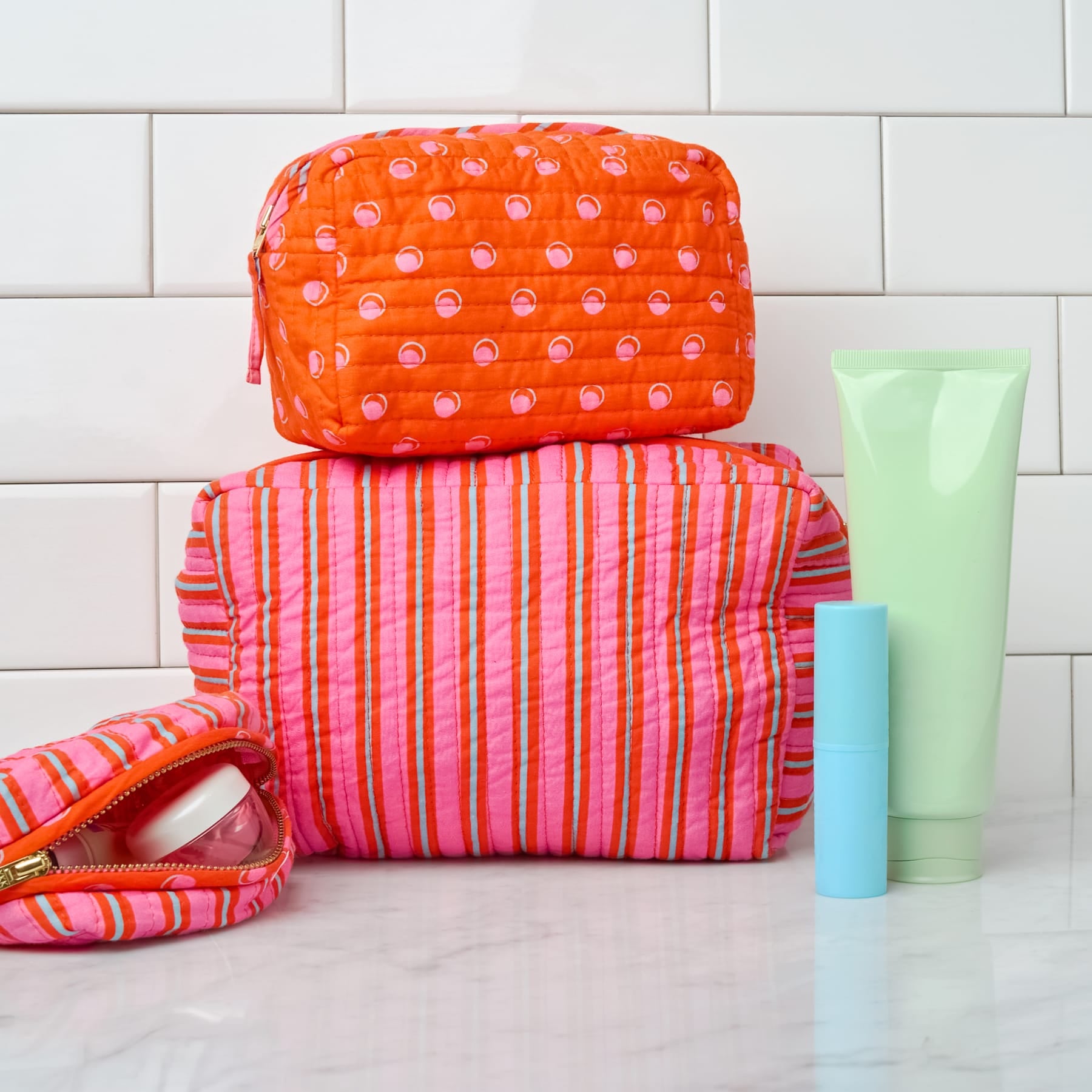 Frenchie 3 Piece Makeup Bag Set Hot Pink + Orange Cosmetic Bag