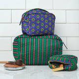 Frenchie 3 Piece Makeup Bag Set Navy + Green Cosmetic Bag