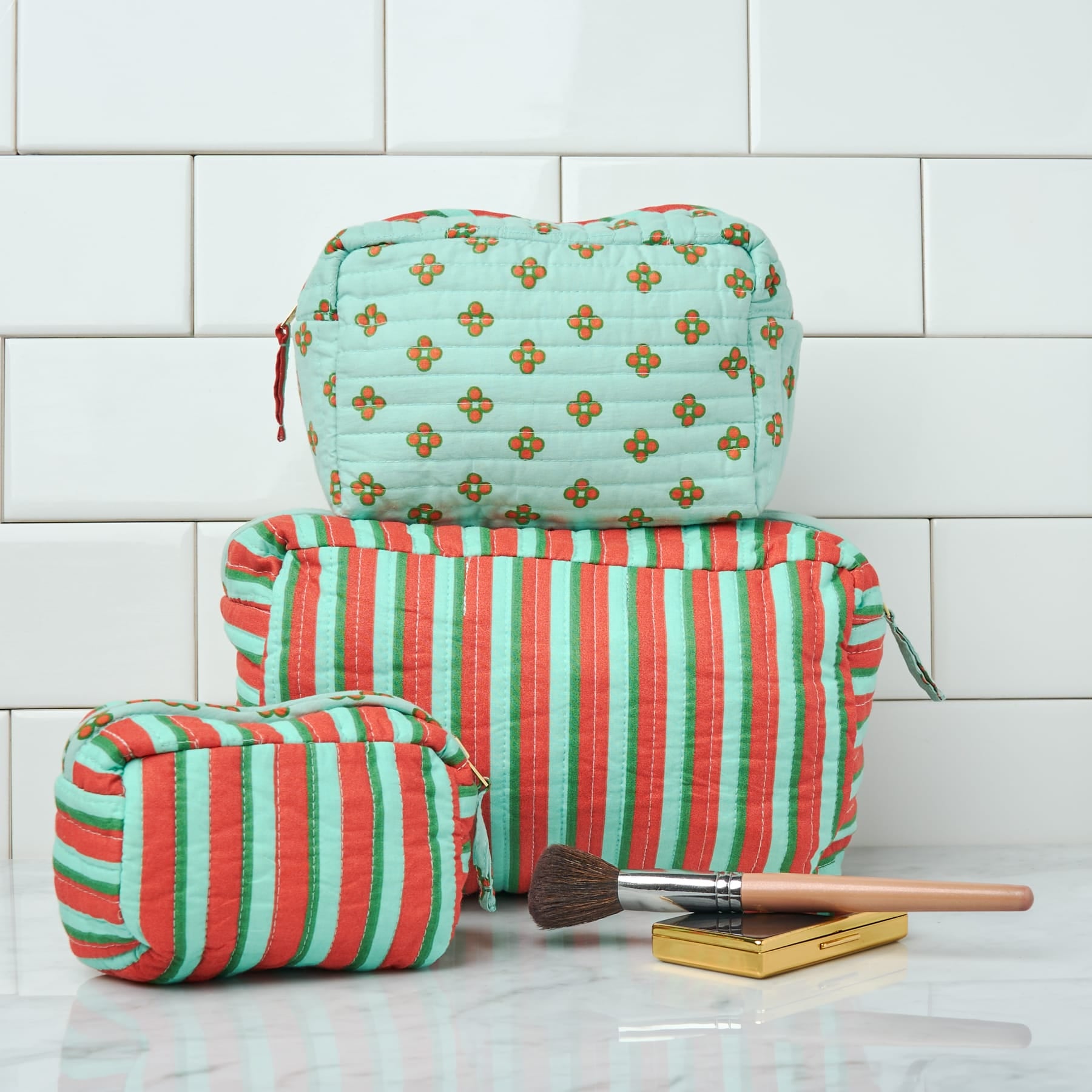 Frenchie 3 Piece Makeup Bag Set Sage + Rust Cosmetic Bag