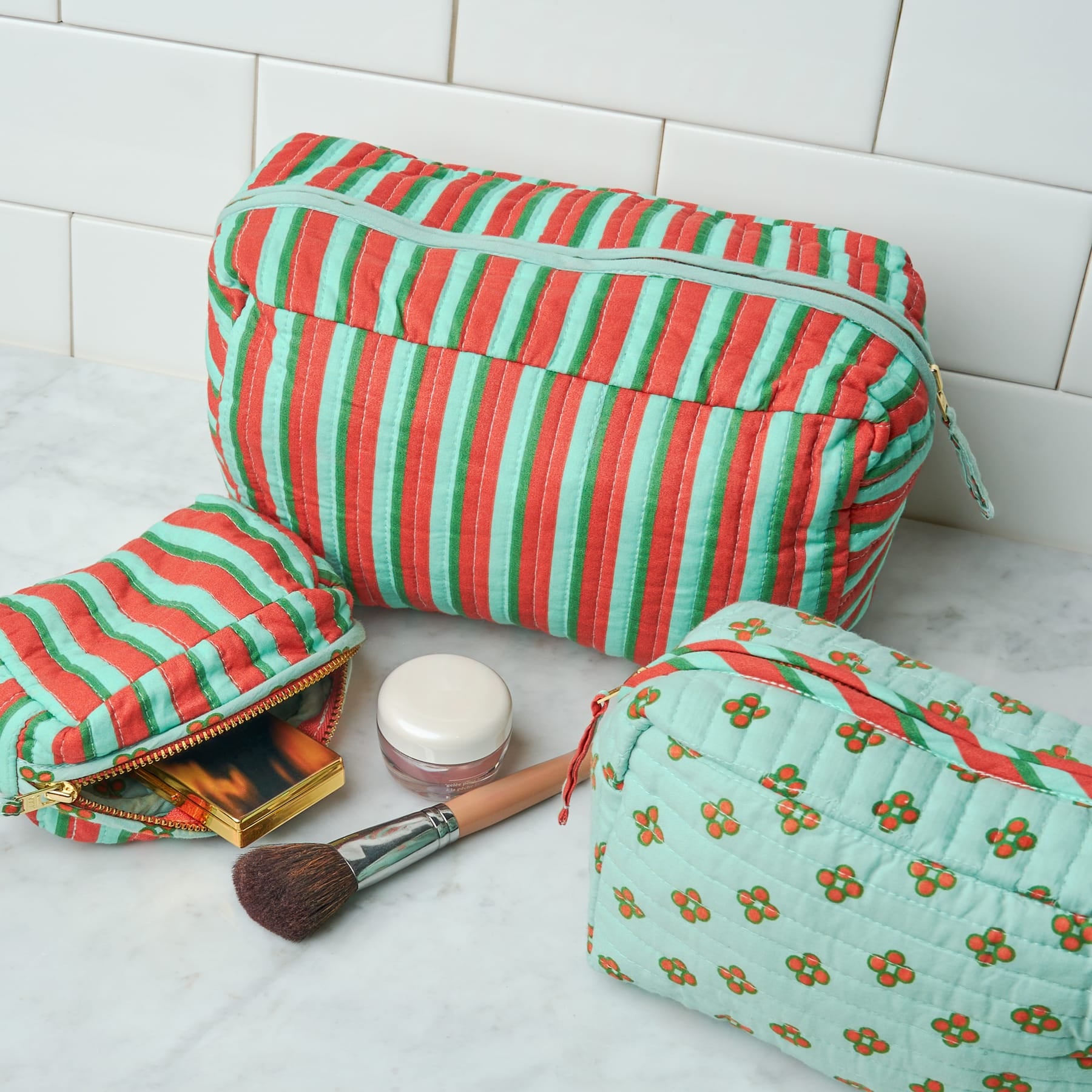 Frenchie 3 Piece Makeup Bag Set Sage + Rust Cosmetic Bag