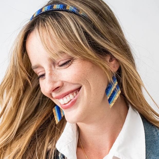 Frida Diagonal Ombre Stripes Beaded Earrings Blue Dangle