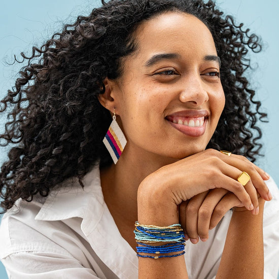 Frida Diagonal Uniform Stripe Beaded Earrings Navy Hot Pink Drop