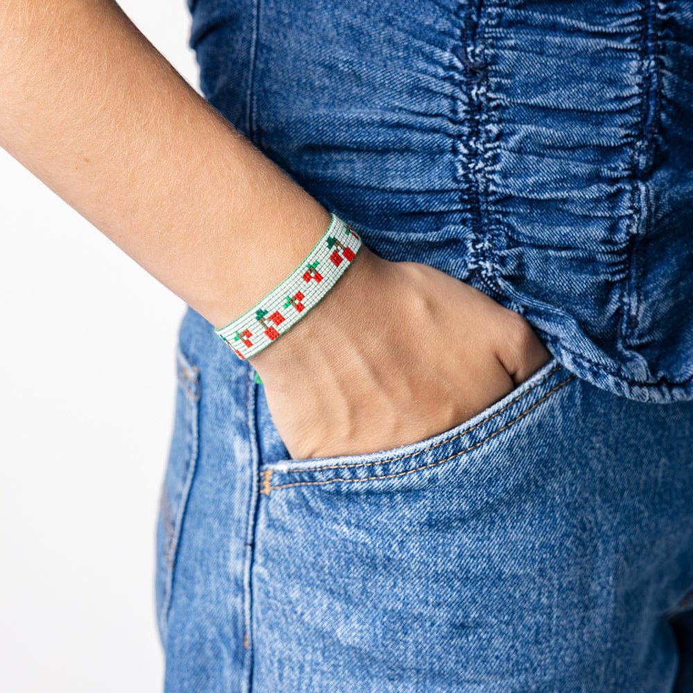Gabby Cherries Adjustable Beaded Bracelet Green Sliding Knot