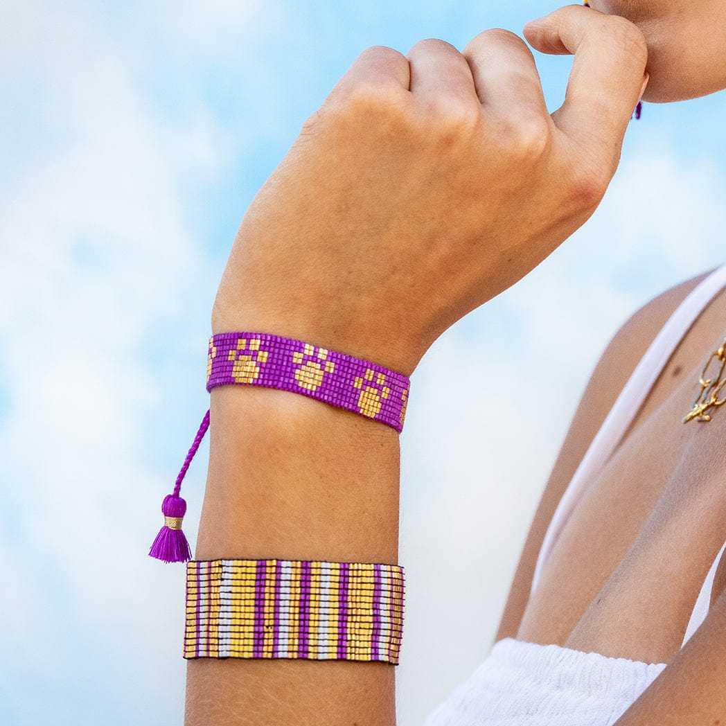 Gabby Game Day "Paw Prints" Adjustable Beaded Bracelets Purple and Yellow