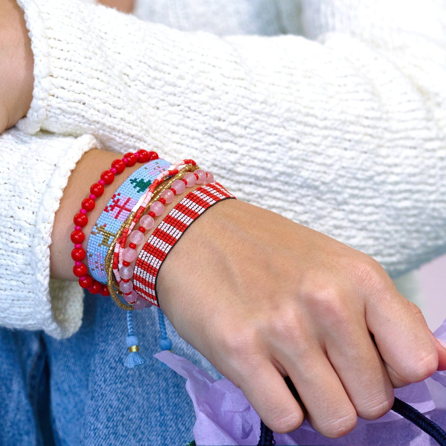 Gabby Holiday Adjustable Beaded Bracelet Light Blue Bracelets