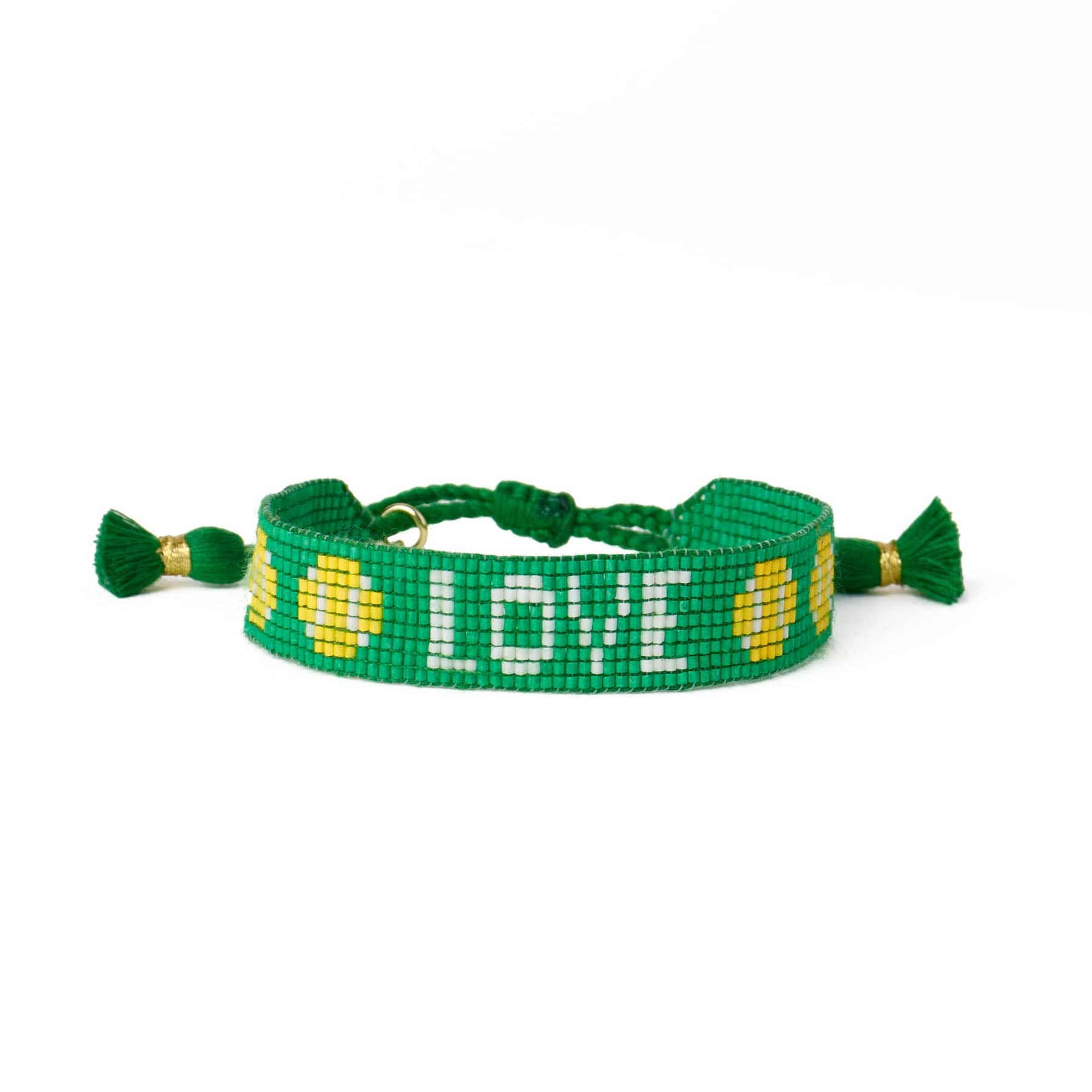 Gabby Tennis "Love" Adjustable Beaded Bracelet Kelly Green Sliding Knot