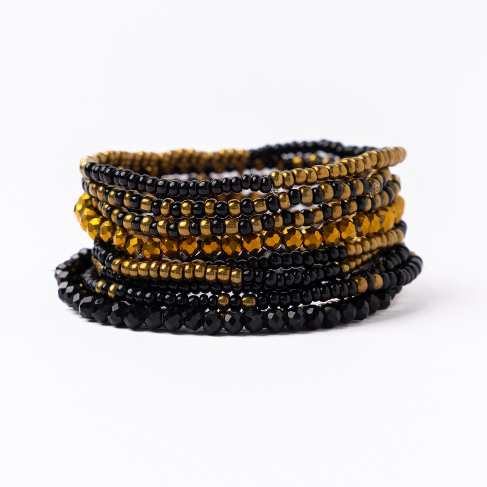Game Day Beaded 10 Strand Stretch Bracelet Set Black + Gold Stack