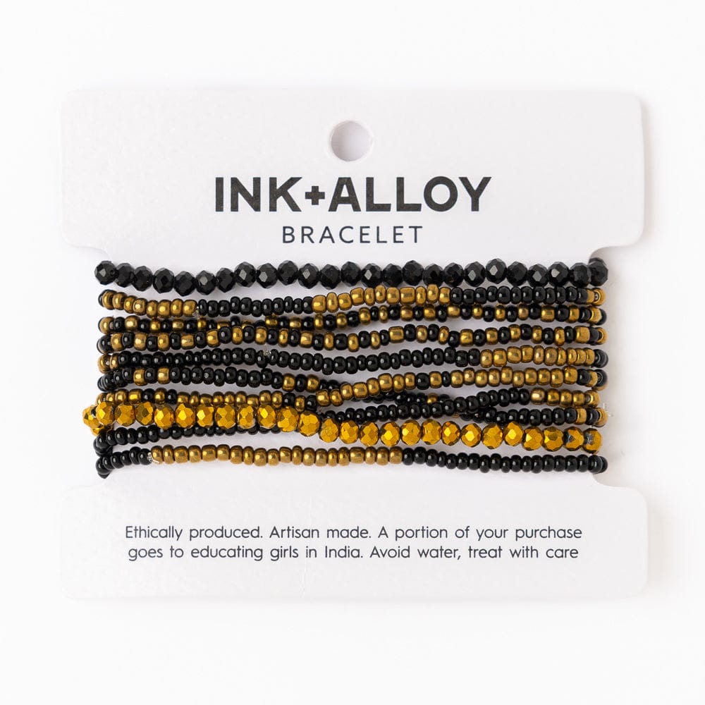 Game Day Beaded 10 Strand Stretch Bracelet Set Black + Gold Stack