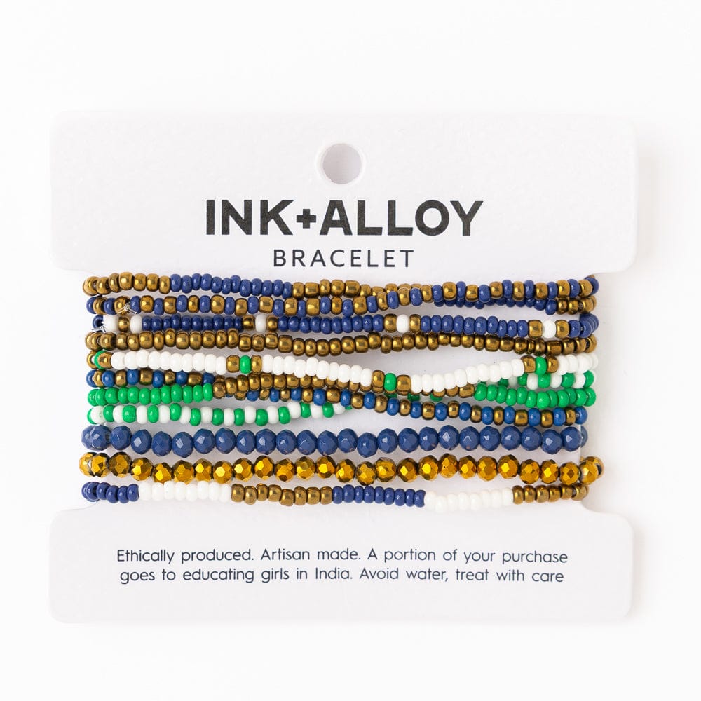 Game Day Beaded 10 Strand Stretch Bracelet Set Blue, Gold, + Green Stack