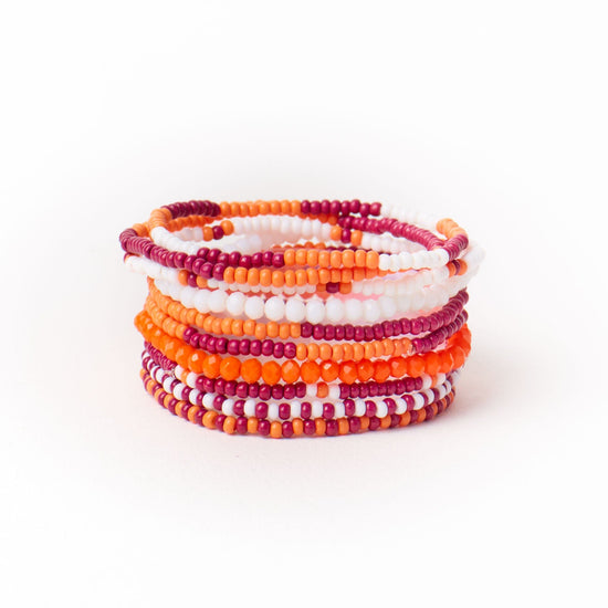 Game Day Beaded 10 Strand Stretch Bracelet Set Maroon + Orange Stack