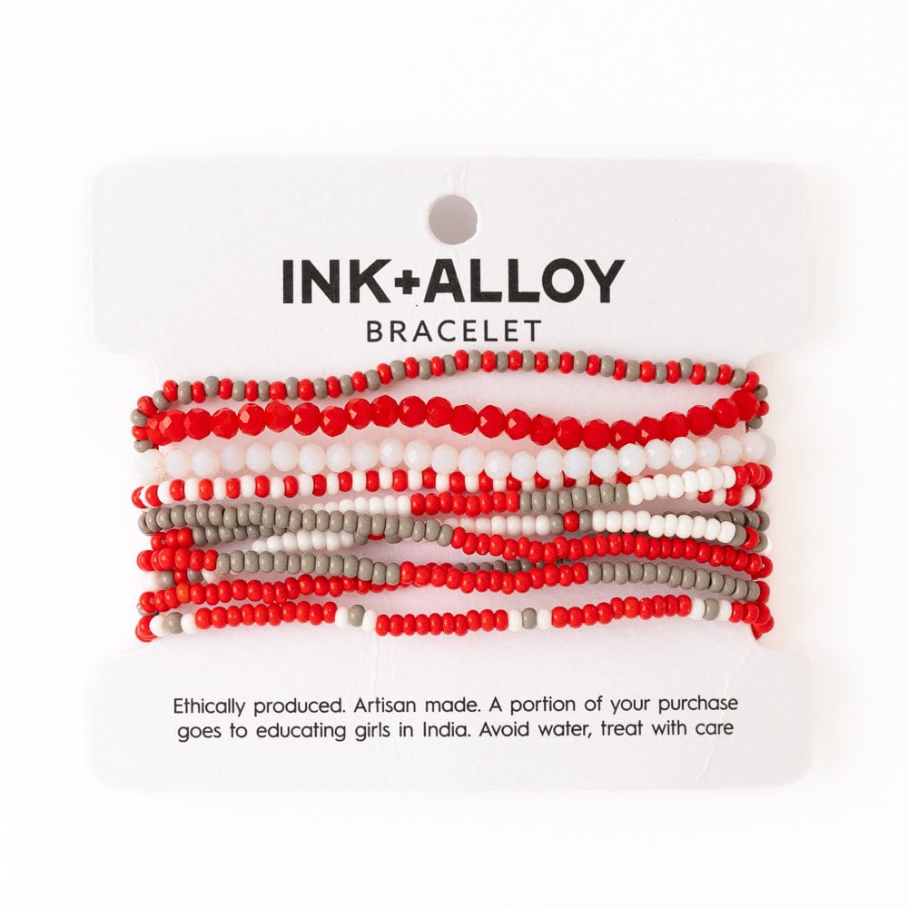 Game Day Beaded 10 Strand Stretch Bracelet Set Scarlet + Gray Stack