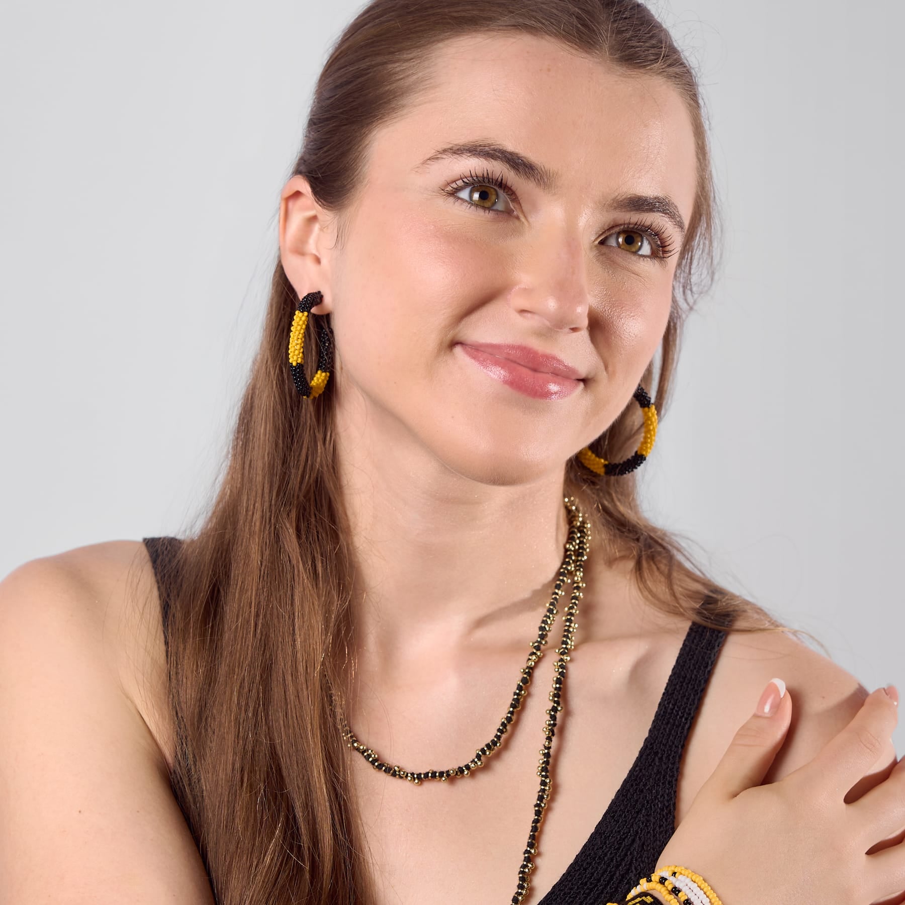 Game Day Beaded Color Block Hoop Earrings Black + Yellow Hoop