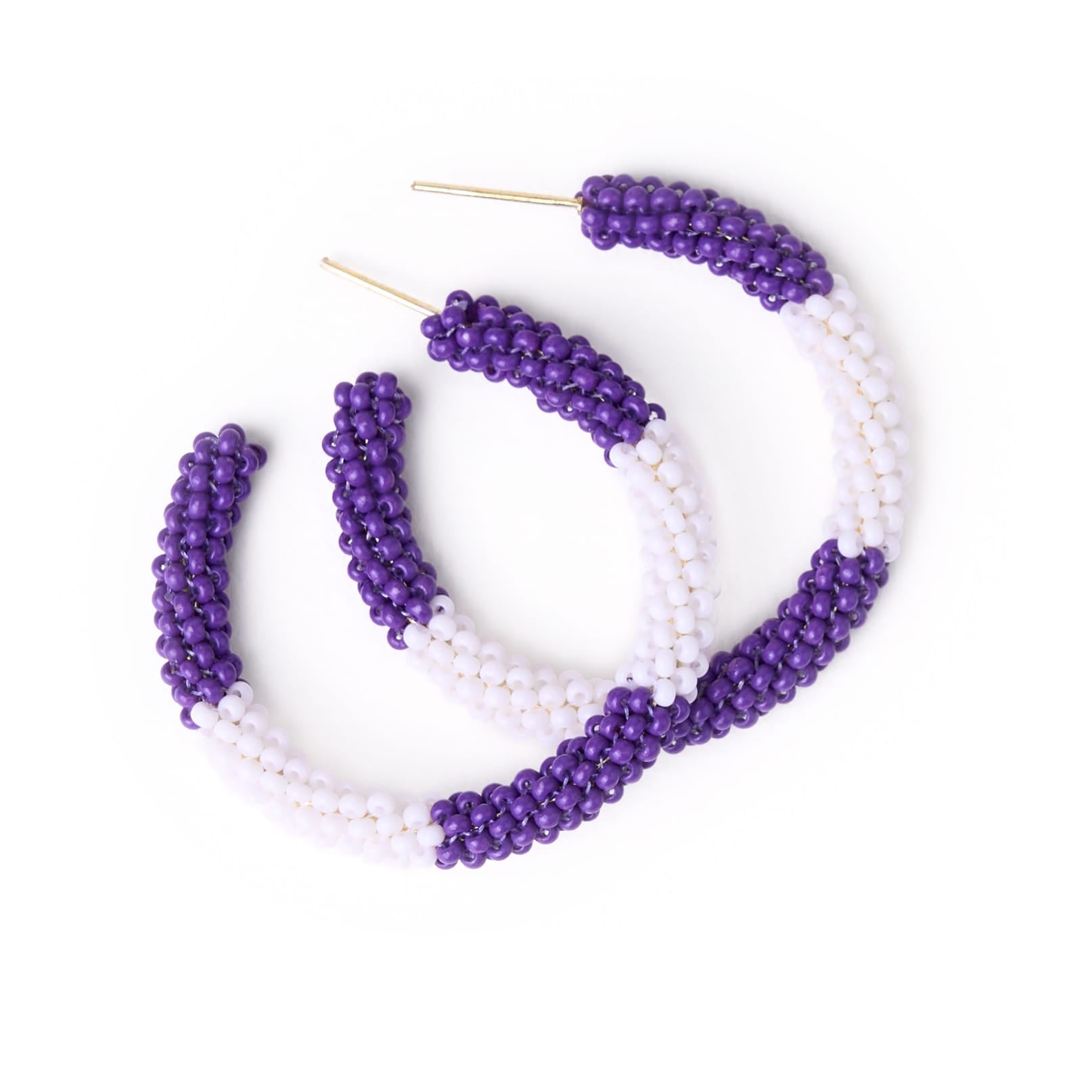 Game Day Beaded Color Block Hoop Earrings Purple + White Hoop