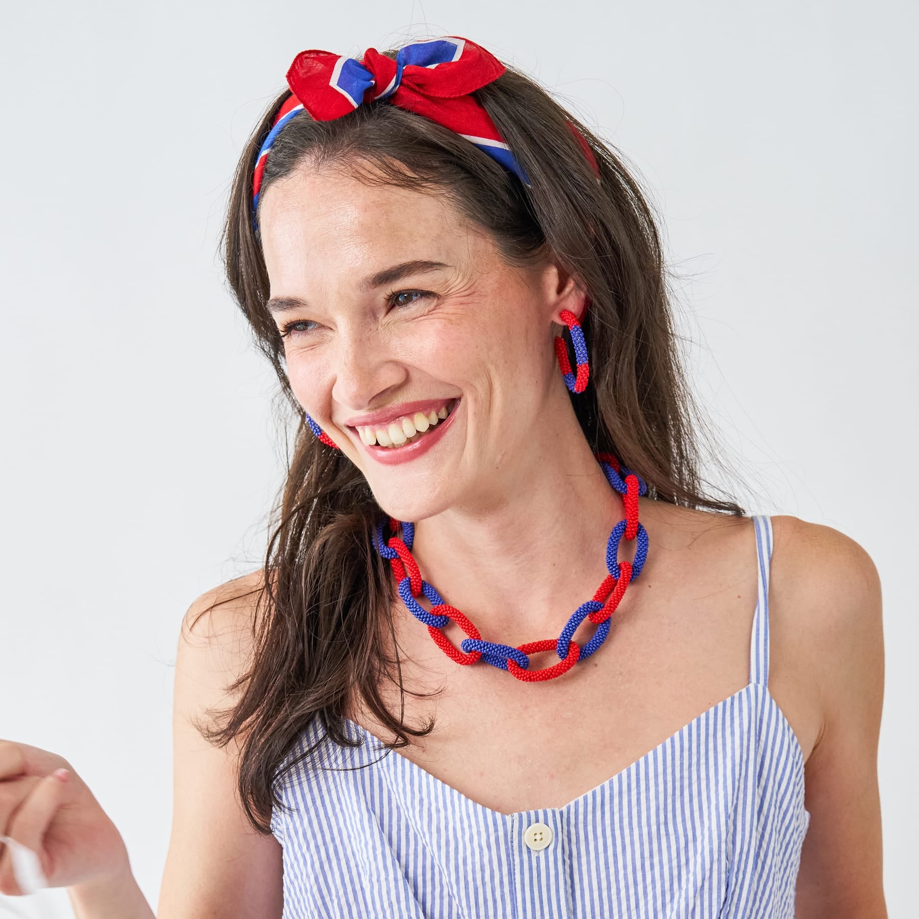 Game Day Beaded Color Block Hoop Earrings Red + Blue Hoop