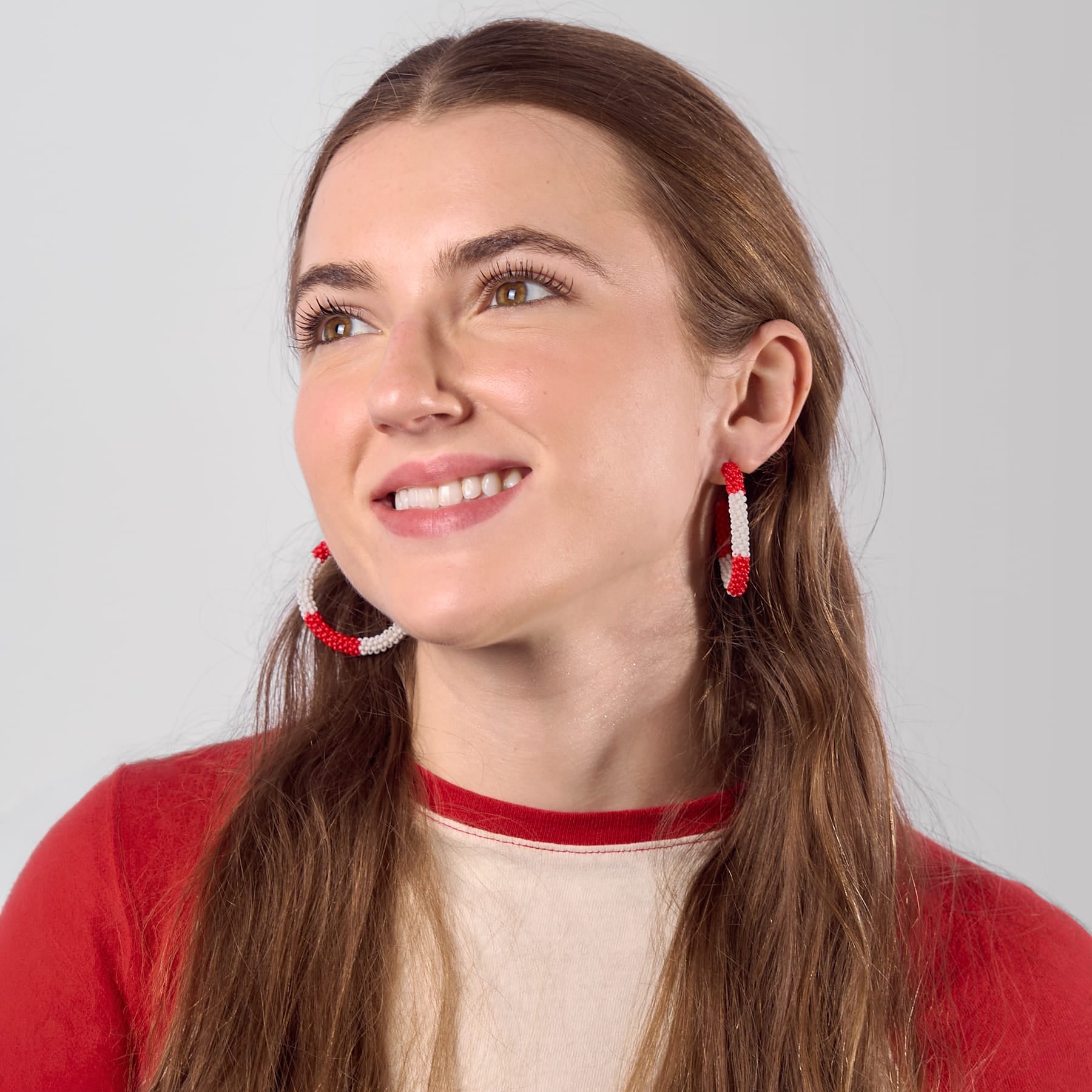 Game Day Beaded Color Block Hoop Earrings Red + White Hoop
