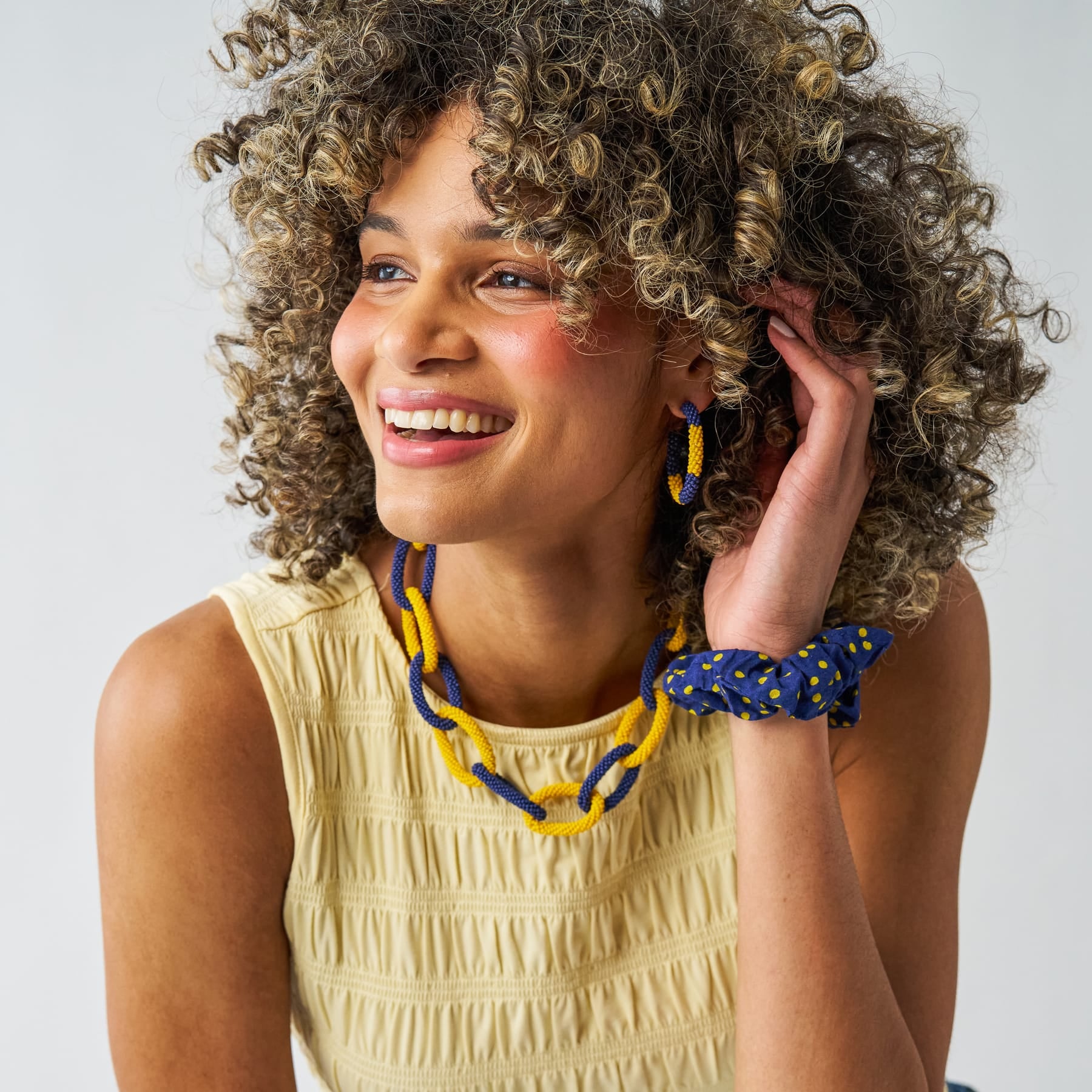 Game Day Beaded Color Block Hoop Earrings Yellow + Navy Hoop