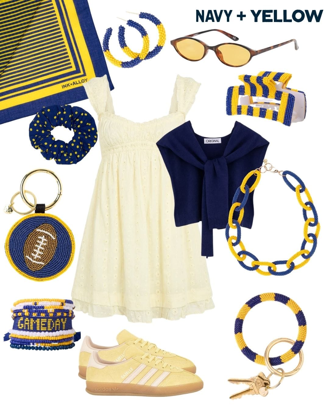 Game Day Beaded Color Block Key Ring Yellow + Navy Key Ring + Bag Charm