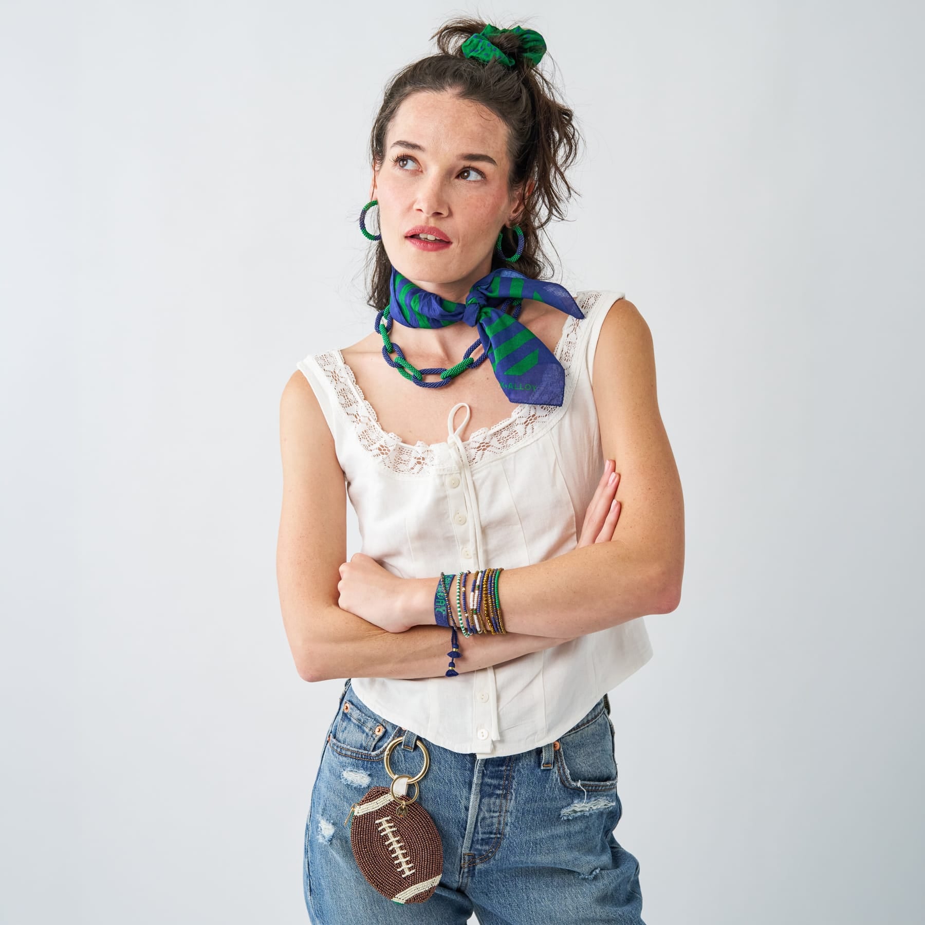 Game Day Chain Link Beaded Necklace Blue + Green Single Strand