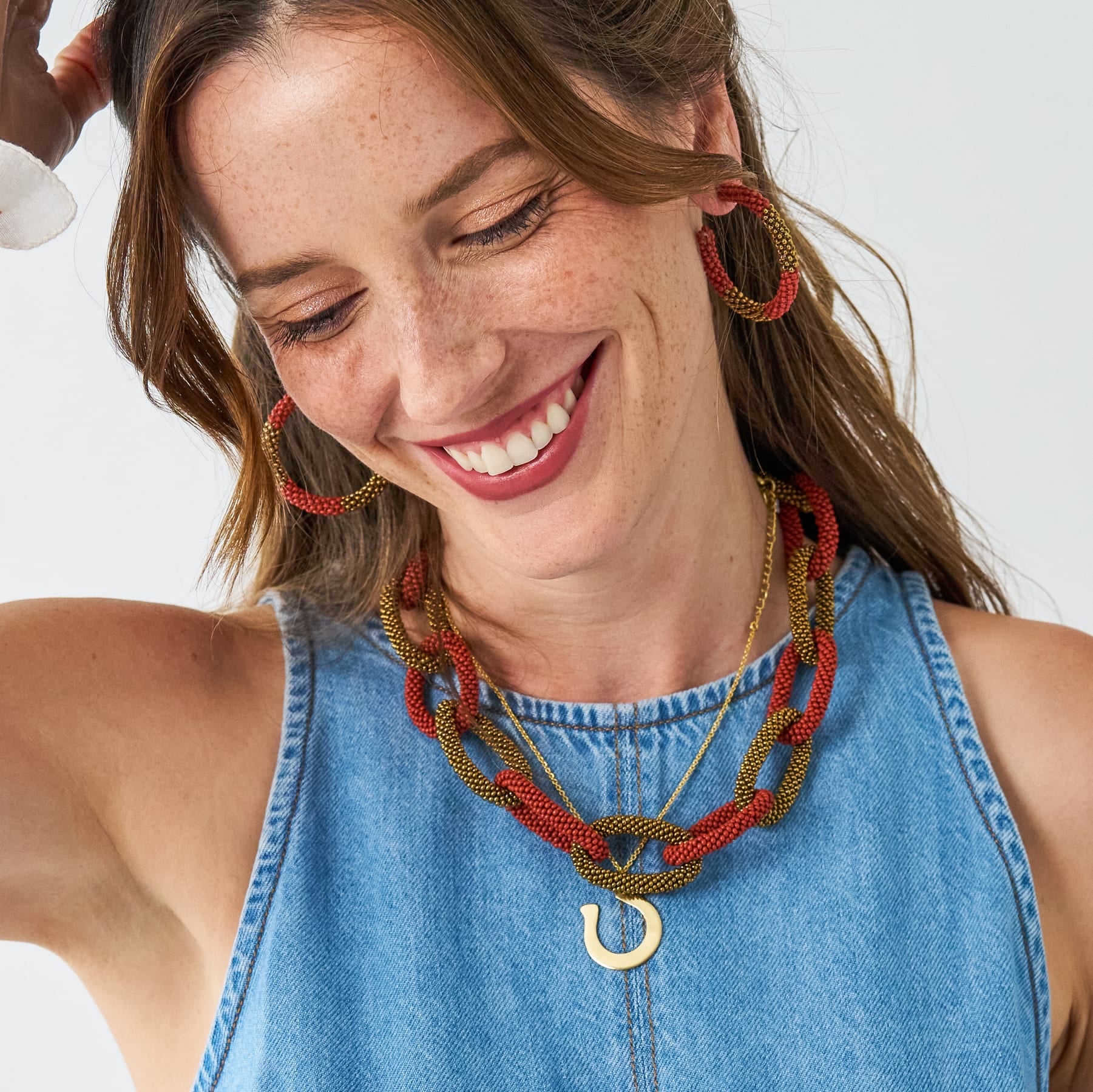 Game Day Chain Link Beaded Necklace Burnt Orange + Gold Single Strand