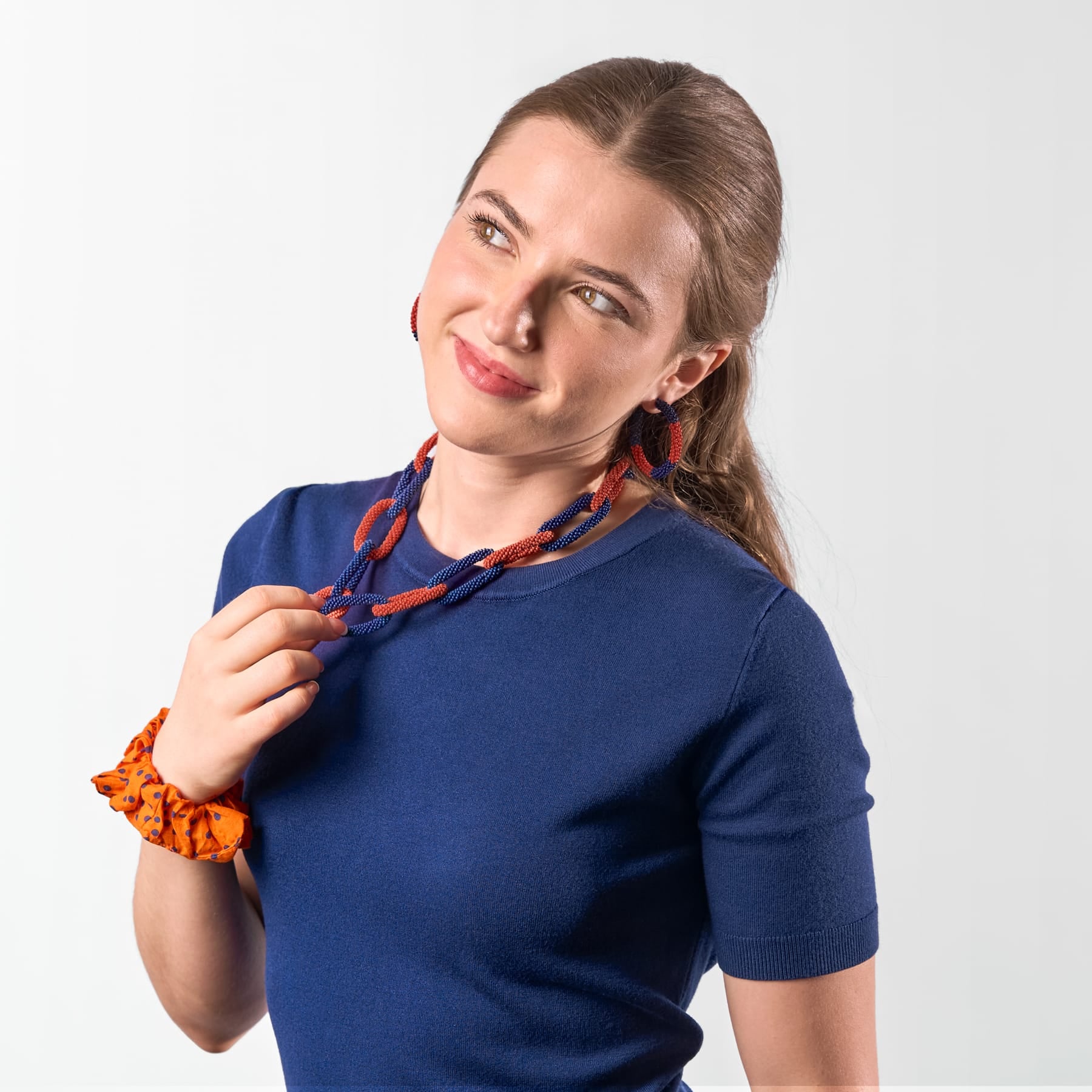 Game Day Chain Link Beaded Necklace Navy + Orange Single Strand