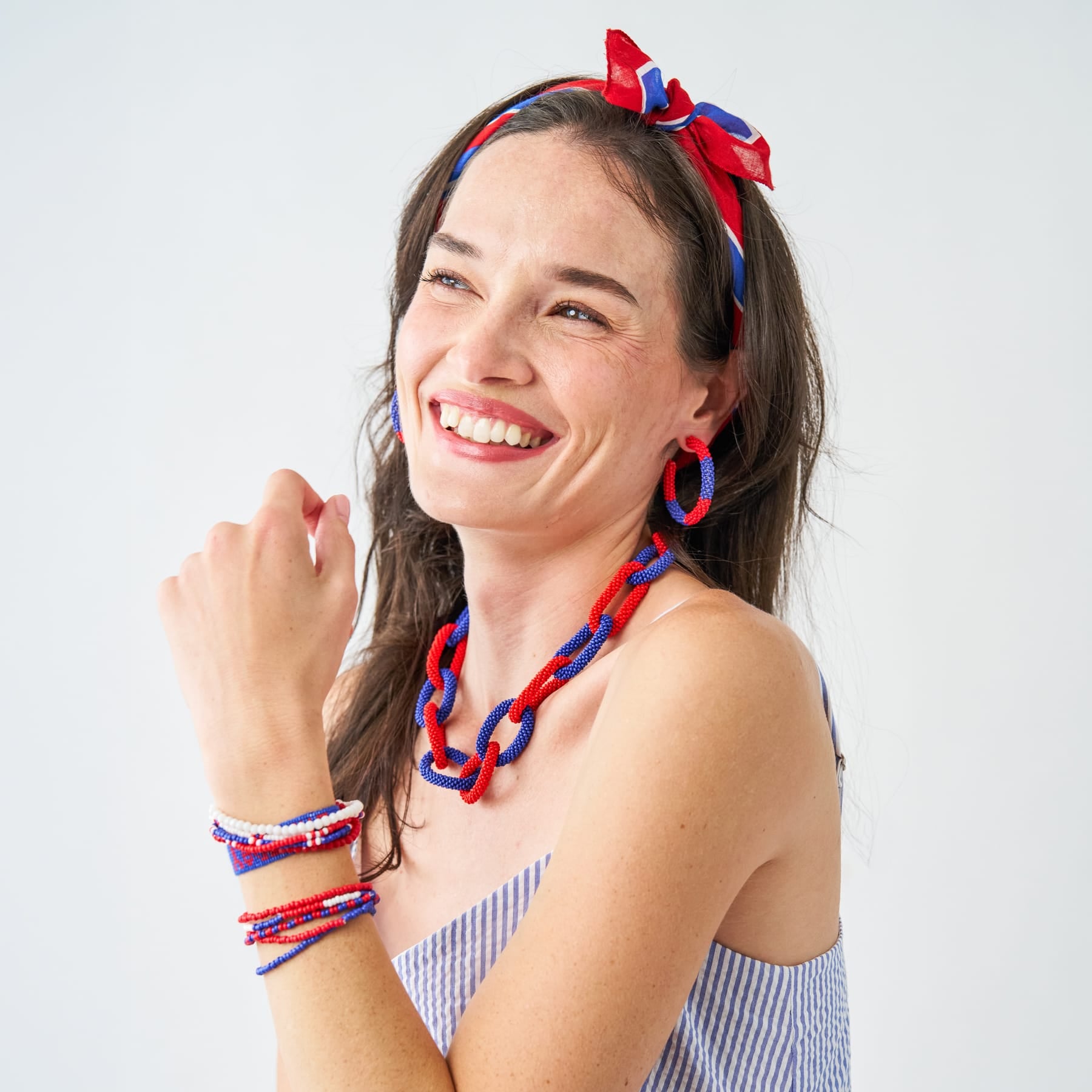 Game Day Chain Link Beaded Necklace Red + Blue Single Strand