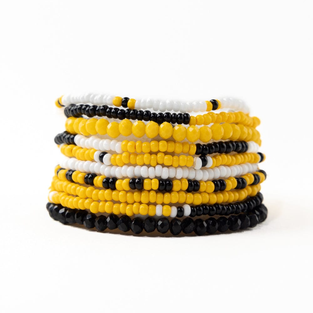 Game Day Color Block Beaded 10 Strand Stretch Bracelet Set Black and Yellow Bracelet