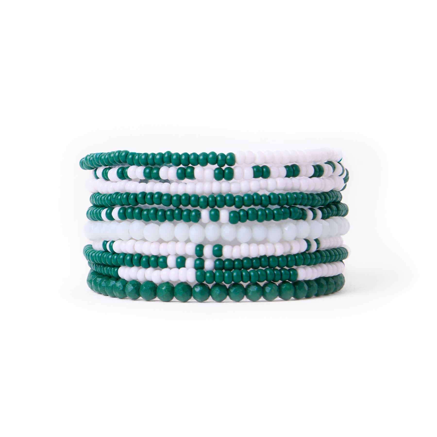Game Day Color Block Beaded 10 Strand Stretch Bracelet Set Dark Green and White Bracelet