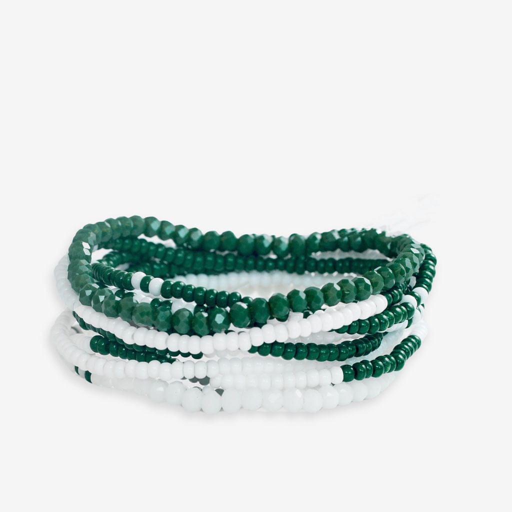 Game Day Color Block Beaded 10 Strand Stretch Bracelet Set Dark Green and White
