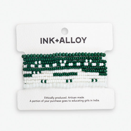 Game Day Color Block Beaded 10 Strand Stretch Bracelet Set Dark Green and White Bracelet