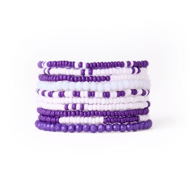 Game Day Color Block Beaded 10 Strand Stretch Bracelet Set Purple