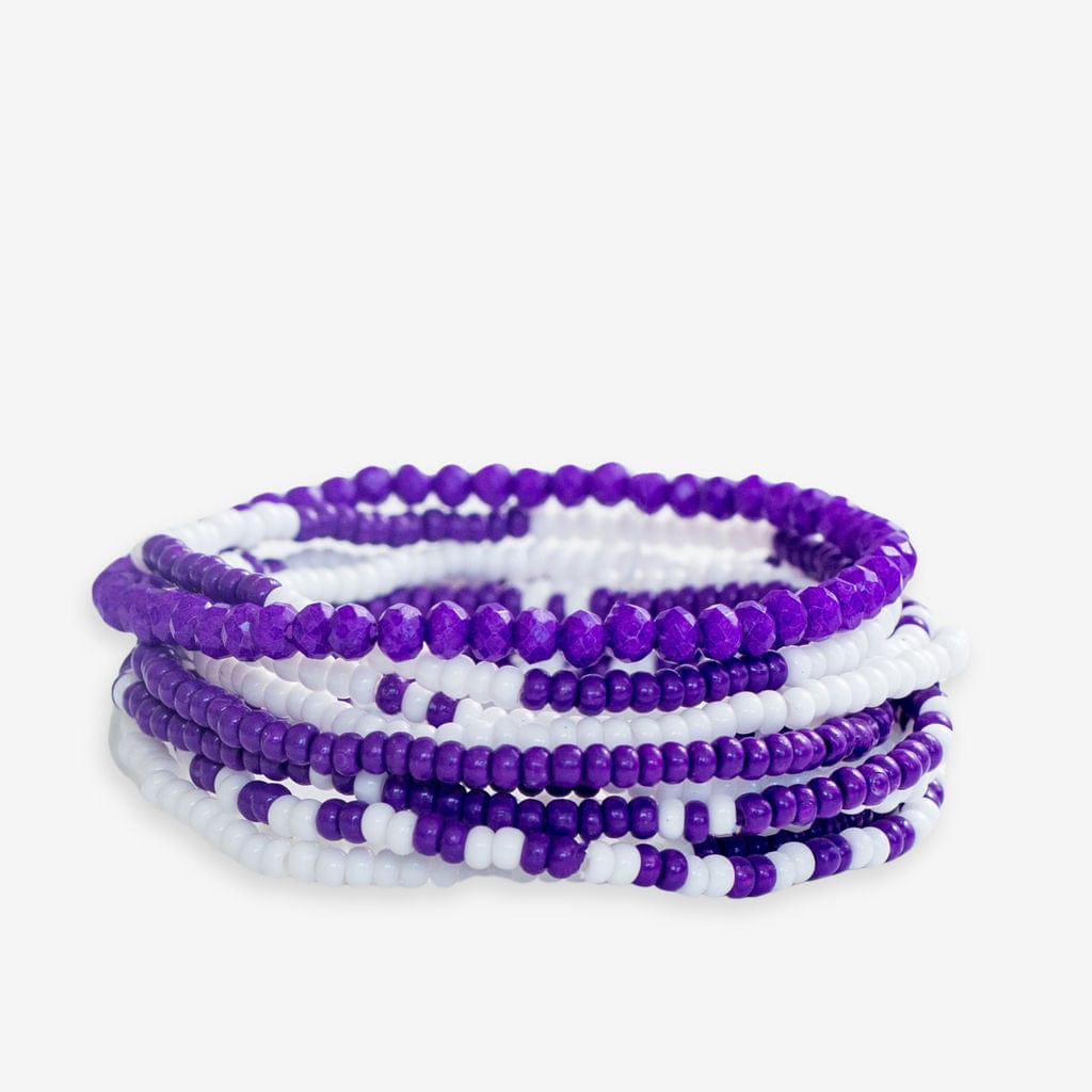 Game Day Color Block Beaded 10 Strand Stretch Bracelet Set Purple and White